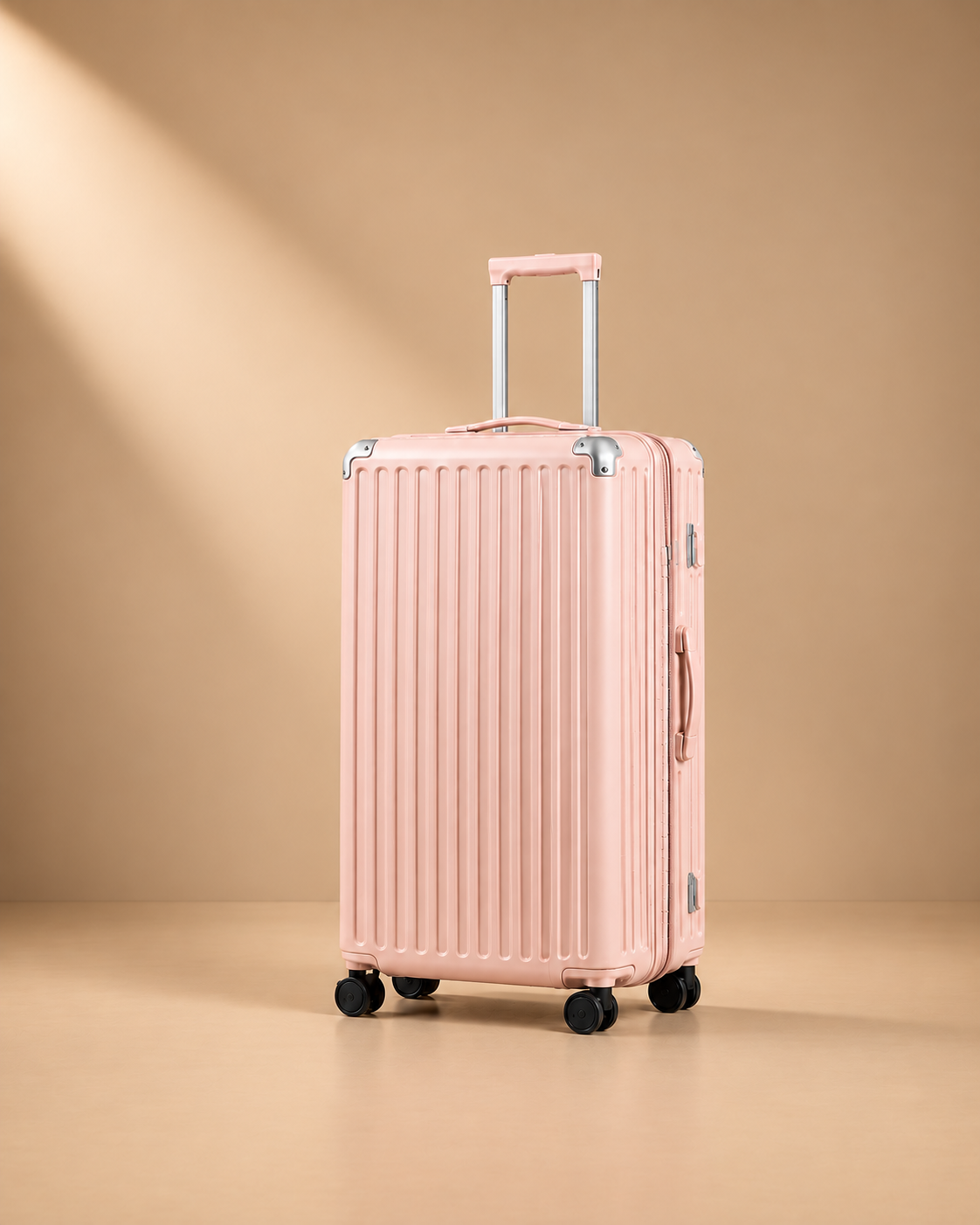 Tresaith pink hard shell cabin suitcase with ribbed shell, telescopic handle and spinner wheels