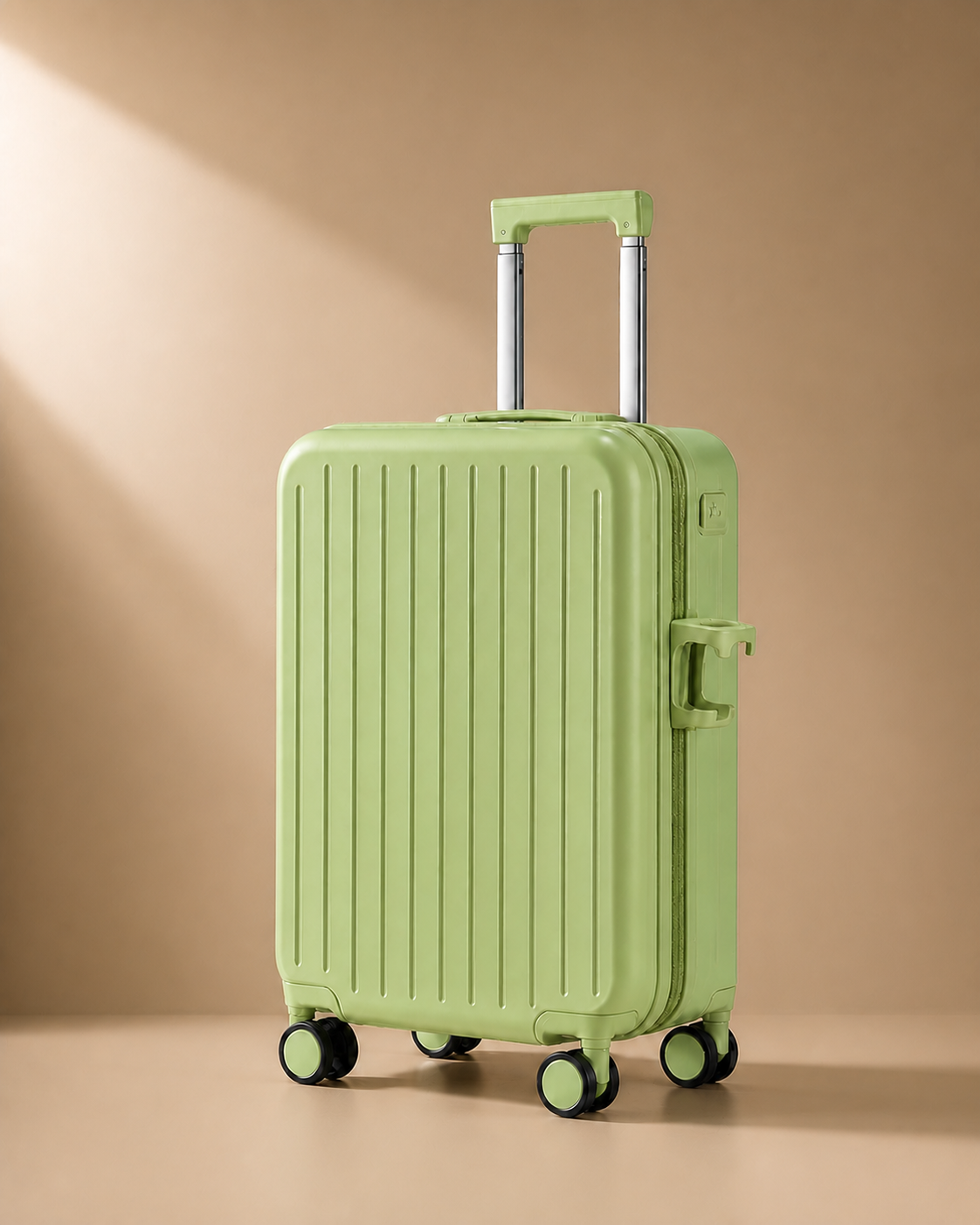 Gunwalloe green cabin suitcase with cup holder and smooth spinner wheels