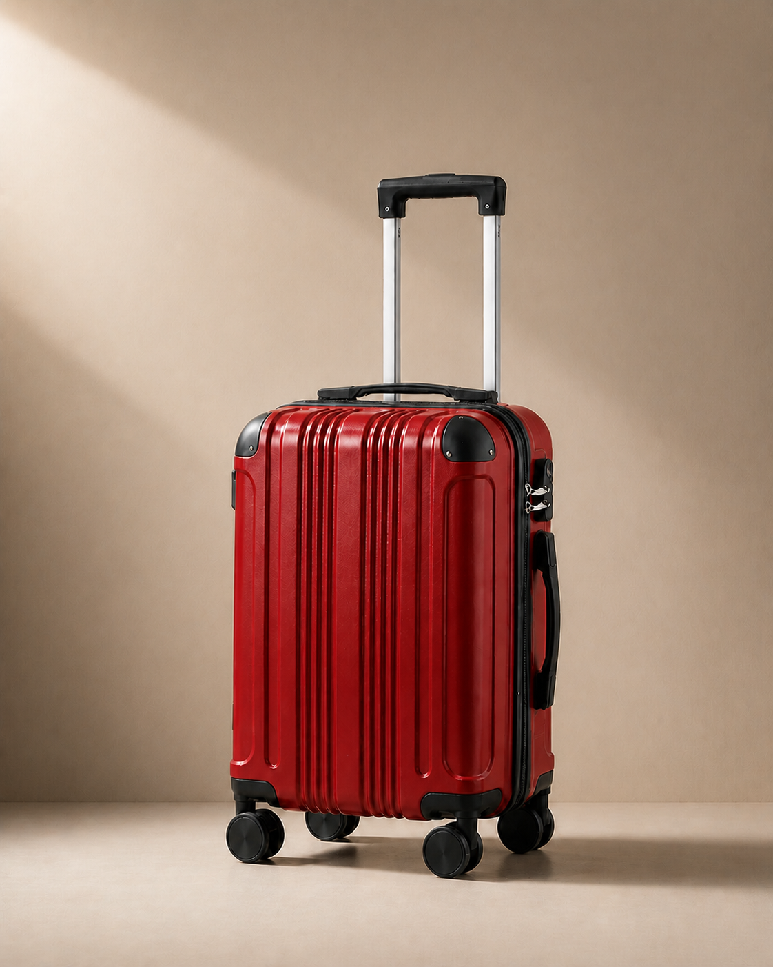 Warkworth red lightweight 20 inch cabin suitcase with hard shell and smooth spinner wheels