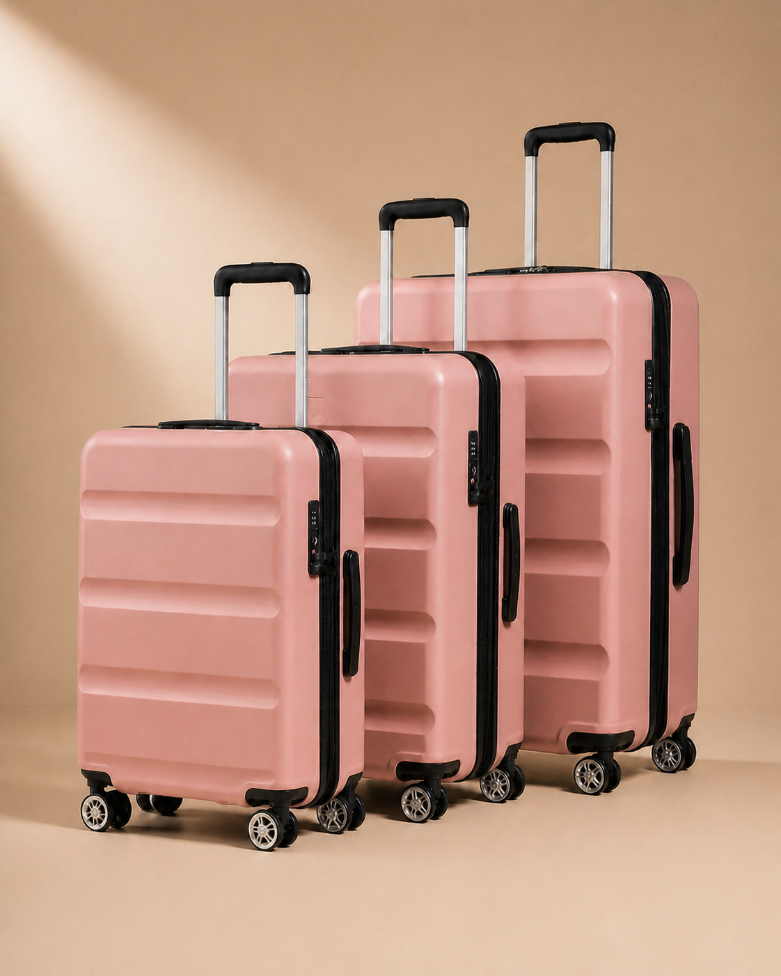Amroth 3 Piece Hard Shell Suitcase Set in Pink, premium hard shell luggage set with 19, 24 and 28 inch suitcases.