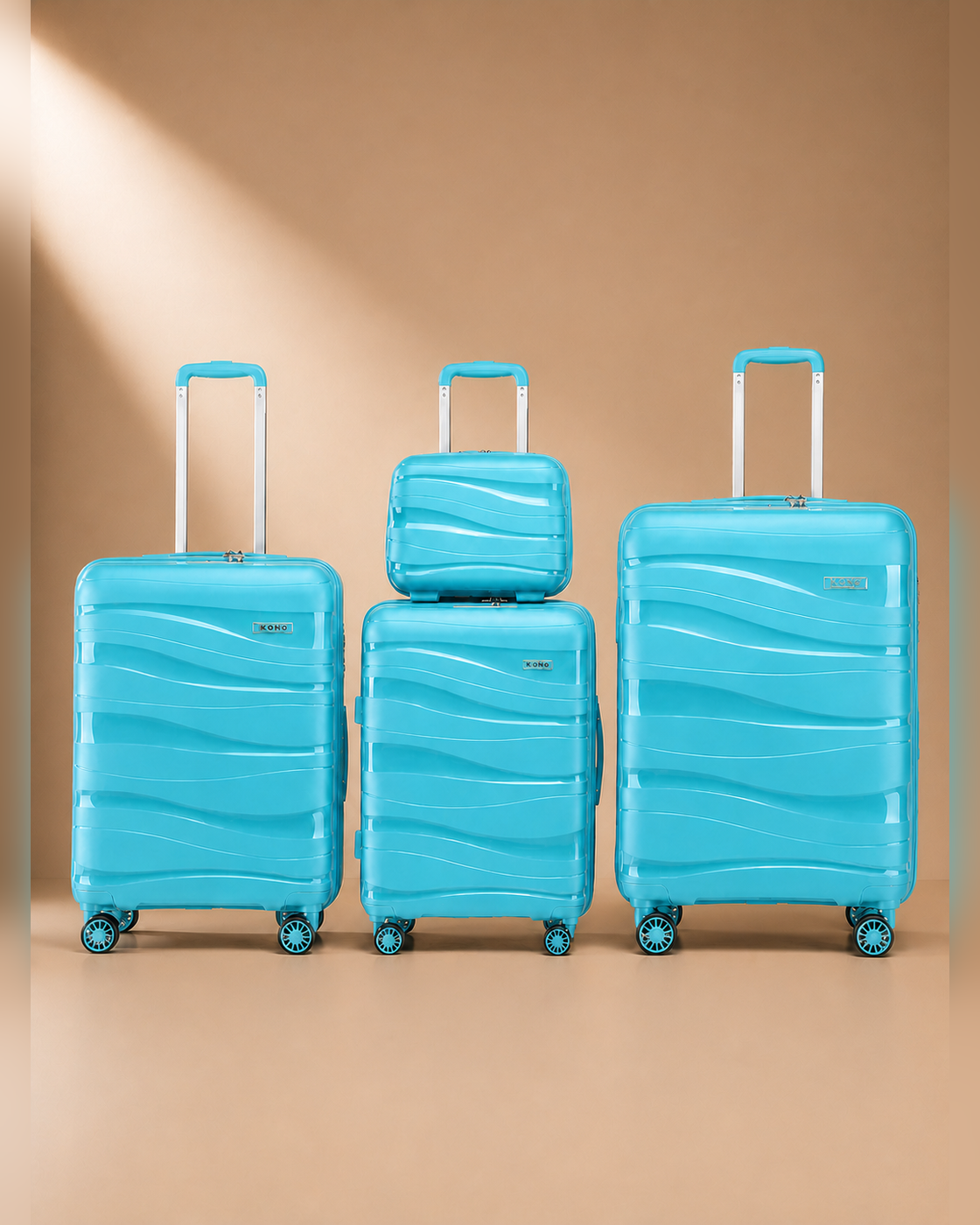 Rhosneigr 4 Piece Hard Shell Suitcase Set - Blue colour variant. Clean premium studio product photography with smooth background and polished hard shell suitcase finish.