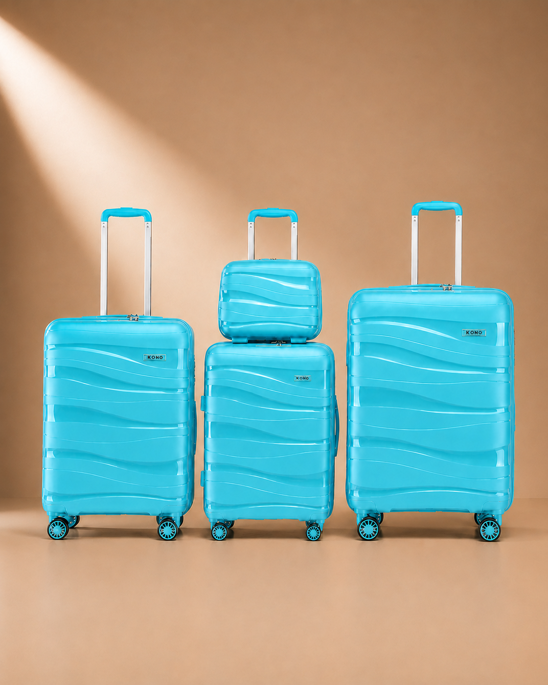Rhosneigr 4 Piece Hard Shell Suitcase Set - Blue colour variant. Premium studio product photography with clean continuous background and polished hard shell suitcase finish.