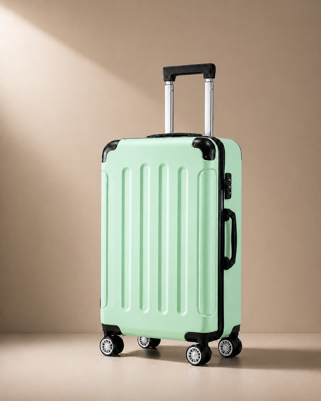 Lulworth Hard Shell Trolley Cabin Suitcase - 20 Inch - Green clean premium studio image. Smooth background, polished suitcase finish, high-end travel product photography.