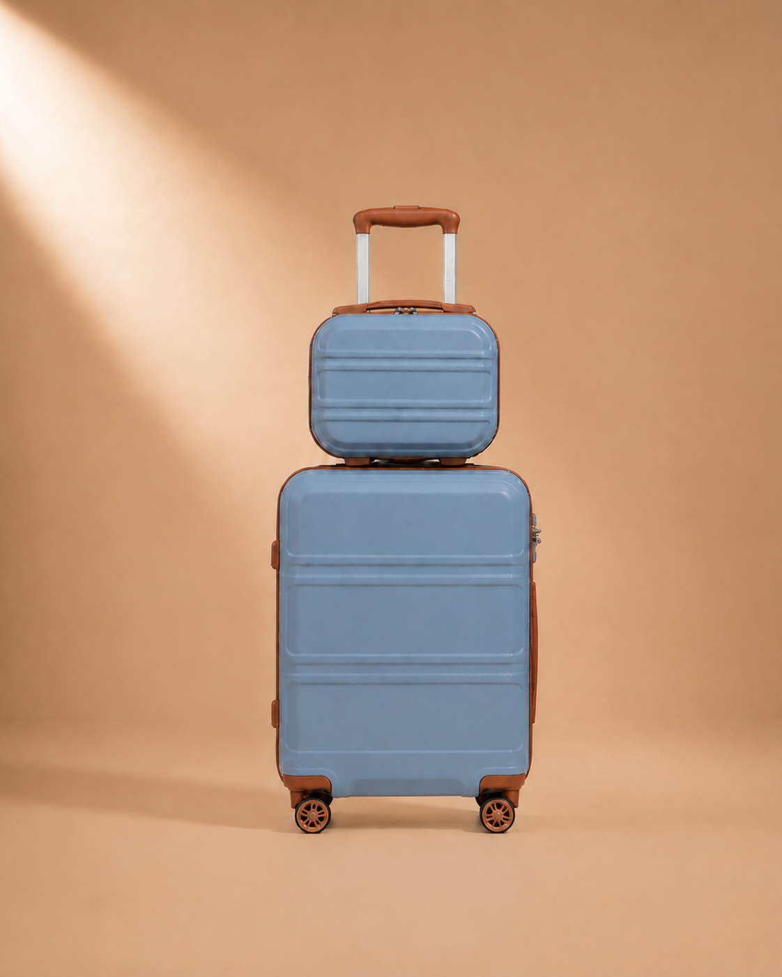 Tenby blue grey and brown two-piece suitcase set — premium studio product view