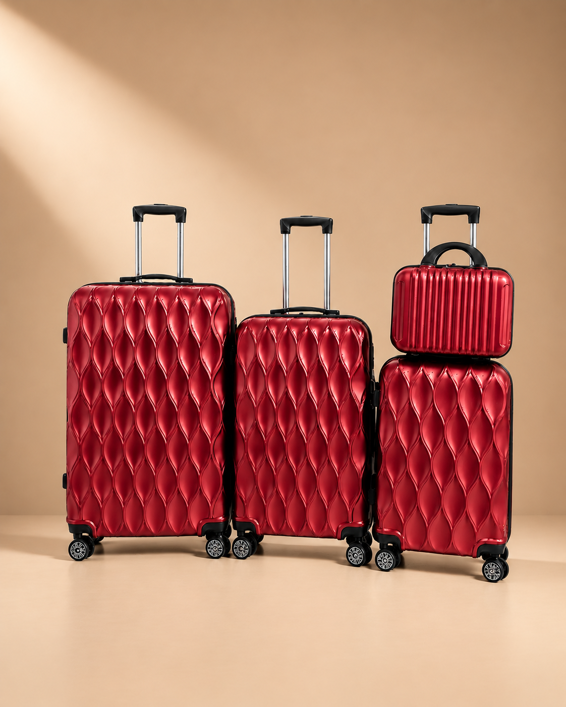 Anstruther red 4 piece hard shell suitcase set with matching travel bag and glossy quilted luggage design