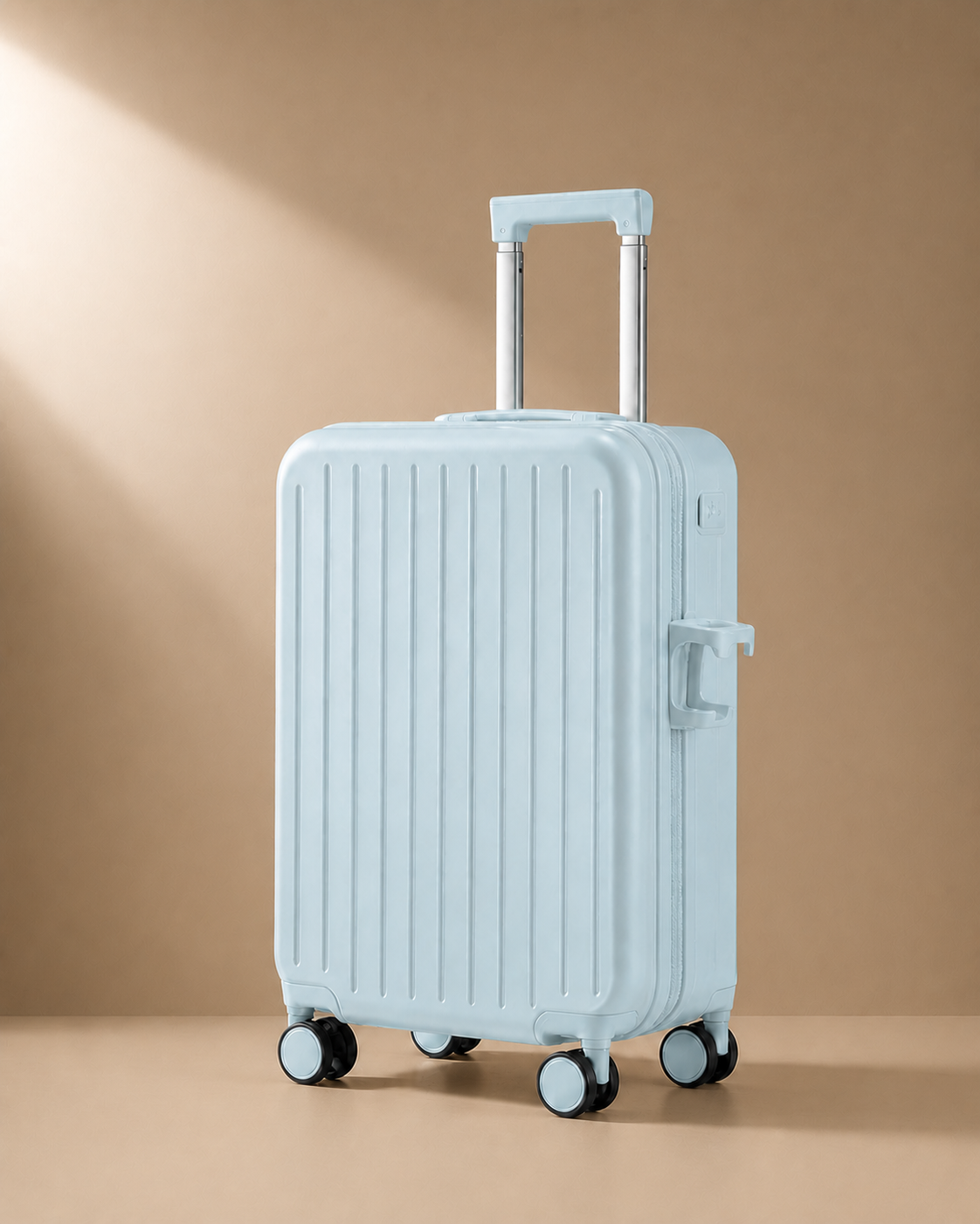 Gunwalloe sky blue cabin suitcase with cup holder and smooth spinner wheels