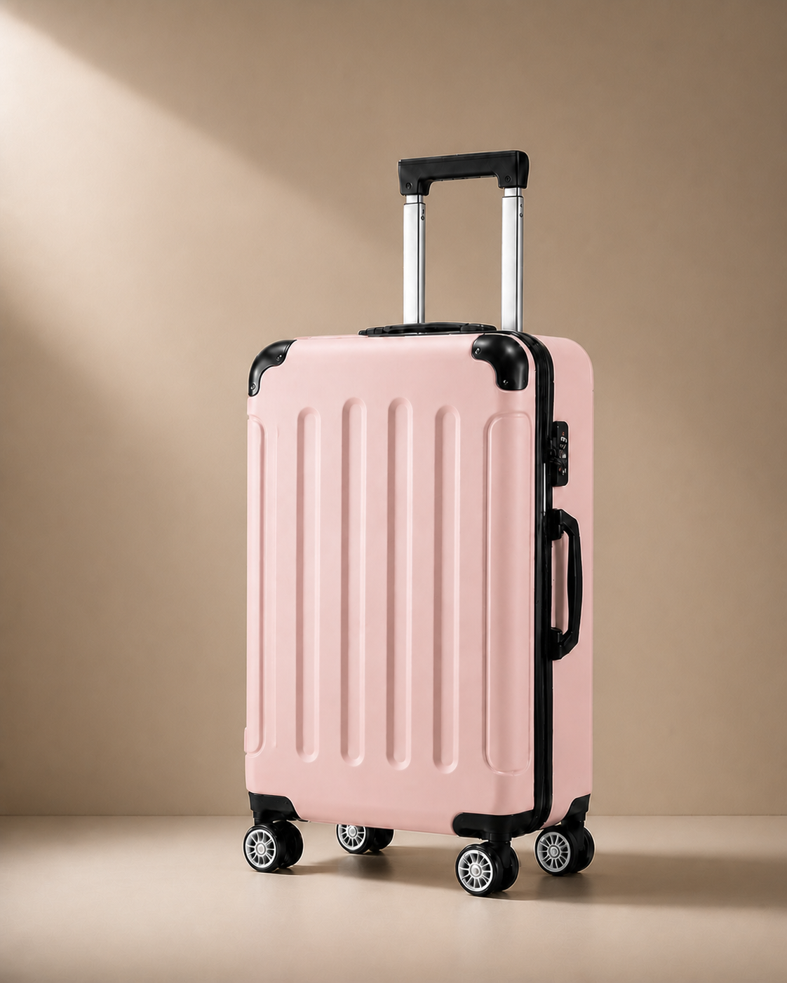 Lulworth Hard Shell Trolley Cabin Suitcase - 20 Inch - Light Pink clean premium studio image. Smooth background, polished suitcase finish, high-end travel product photography.