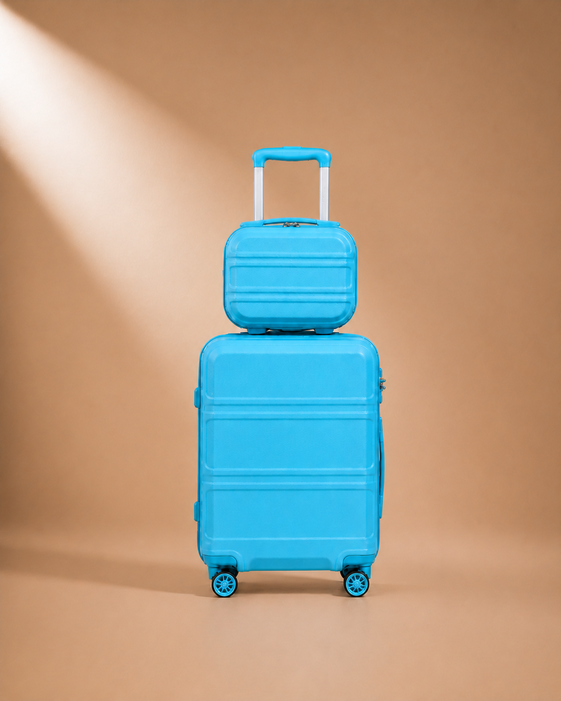 Tenby light blue and brown two-piece suitcase set — premium studio product view