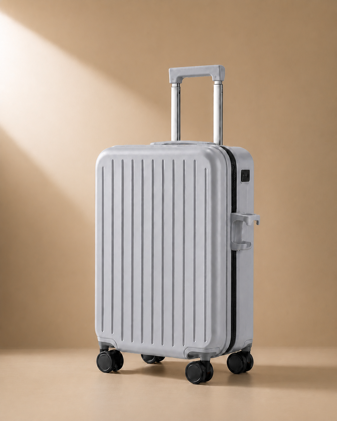 Gunwalloe gray cabin suitcase with cup holder and smooth spinner wheels