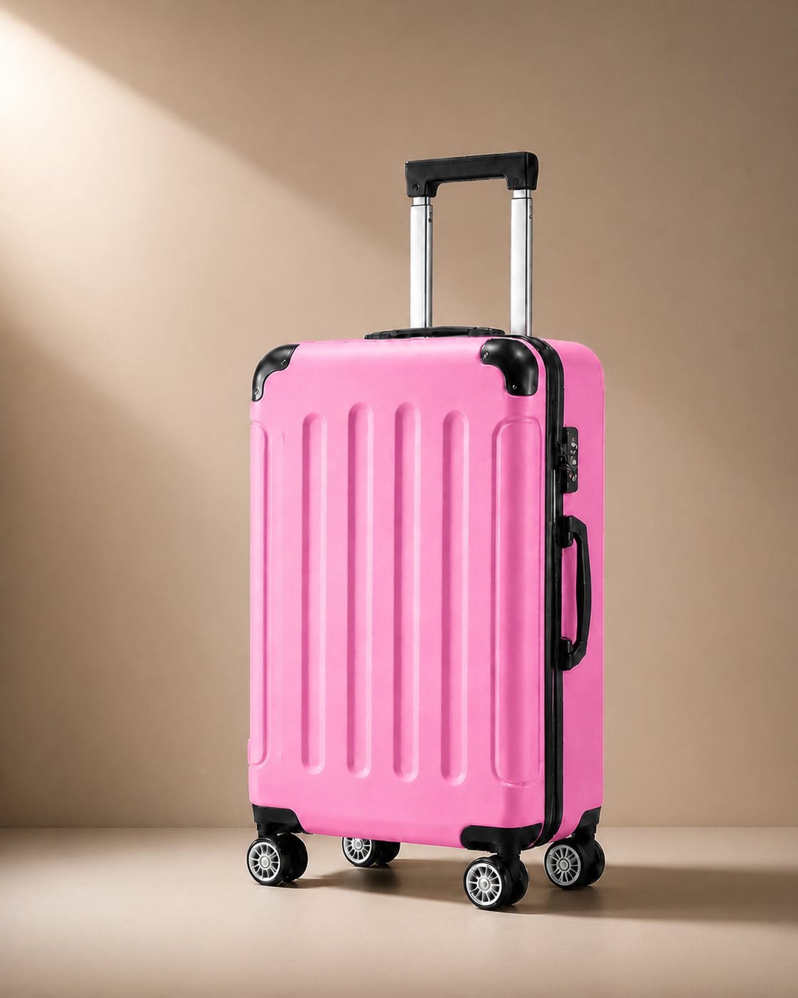 Lulworth Hard Shell Trolley Cabin Suitcase - 20 Inch - Pink clean premium studio image. Smooth background, polished suitcase finish, high-end travel product photography.