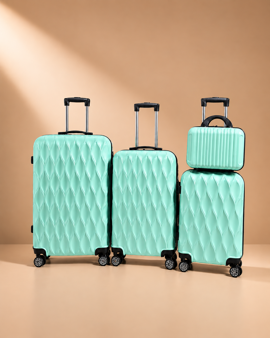 Anstruther mint green 4 piece hard shell suitcase set with matching travel bag and quilted shell finish