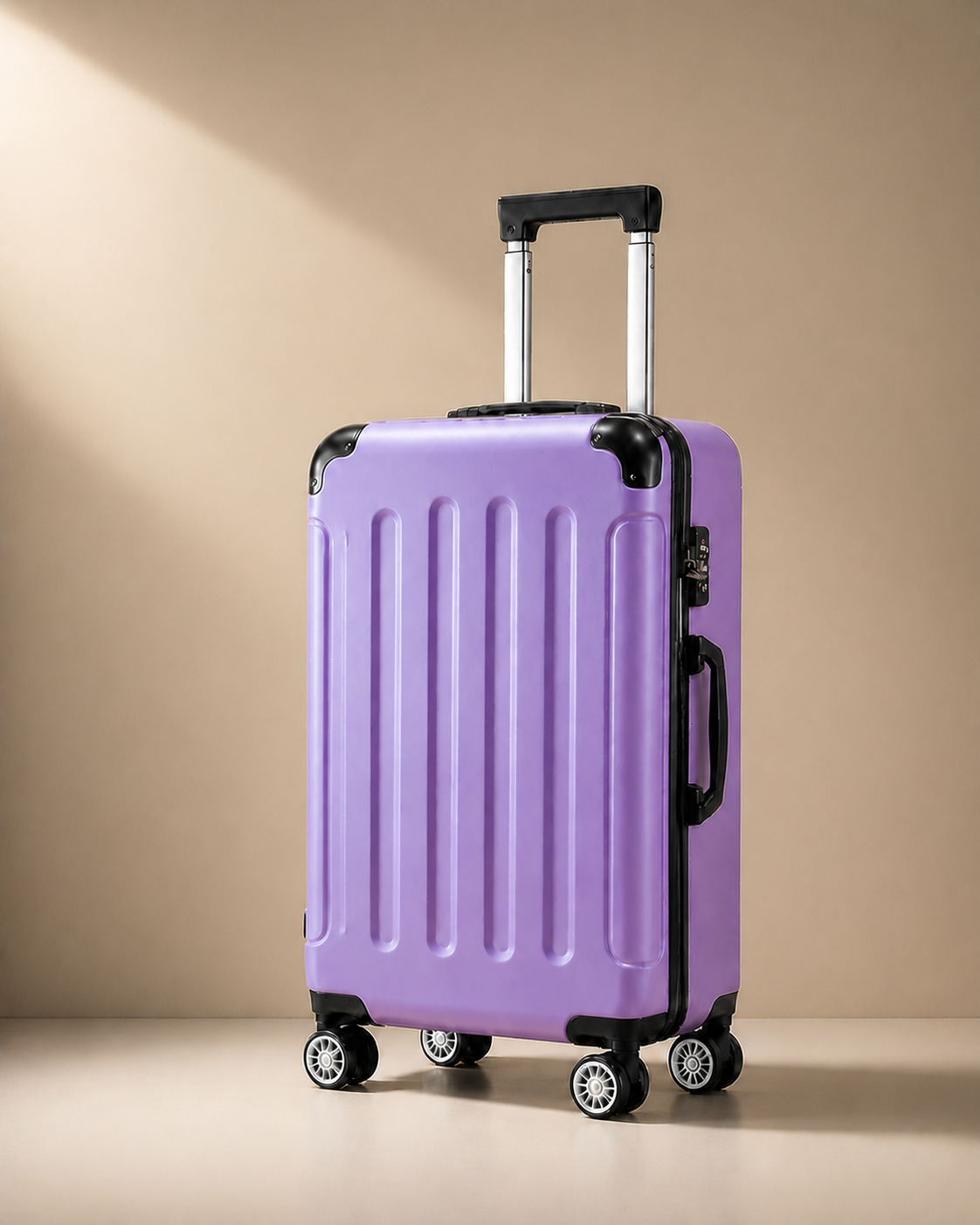Lulworth Hard Shell Trolley Cabin Suitcase - 20 Inch - Purple clean premium studio image. Smooth background, polished suitcase finish, high-end travel product photography.