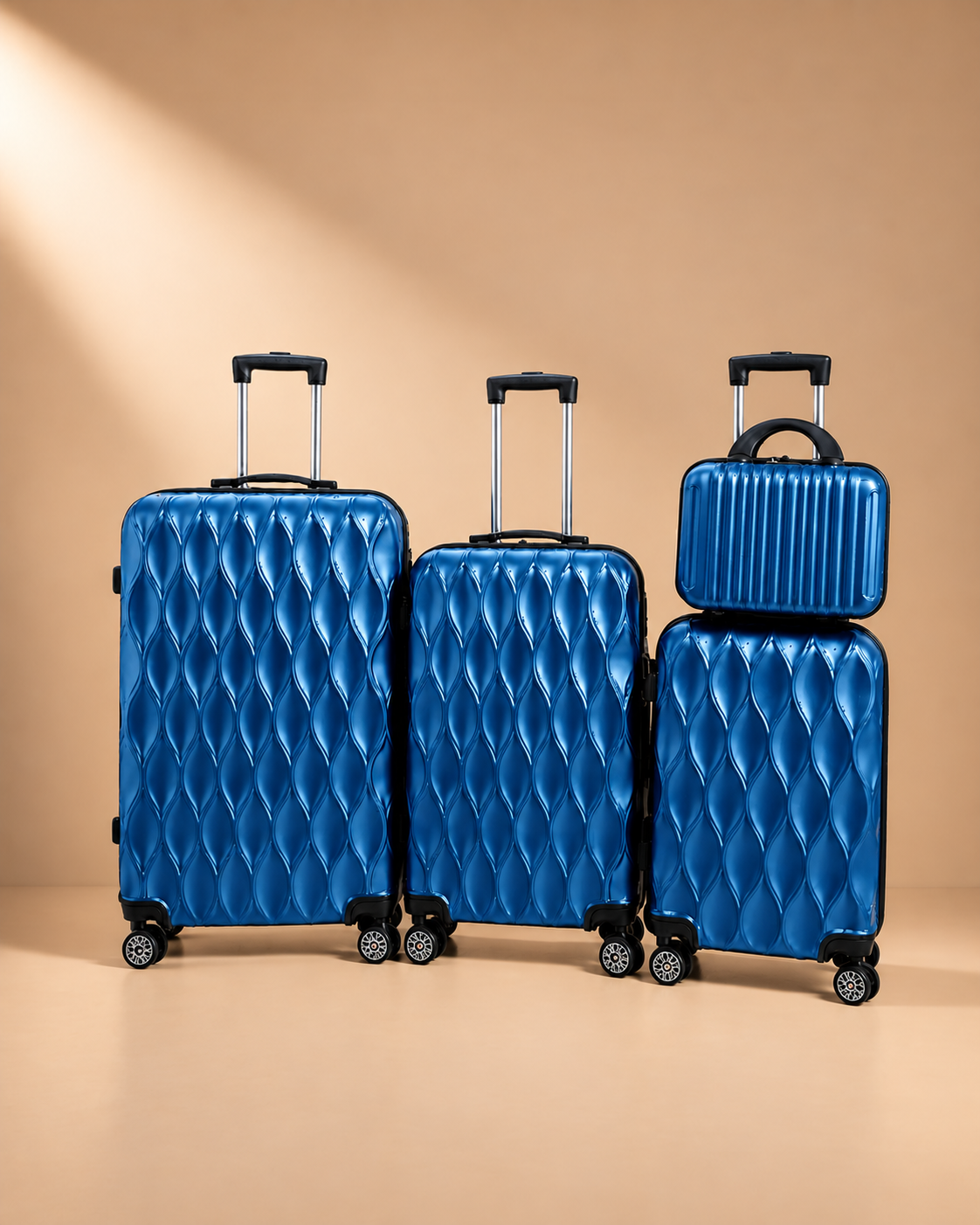 Anstruther blue 4 piece hard shell suitcase set with matching travel bag, telescopic handles and spinner wheels