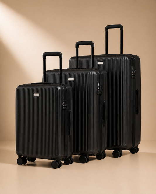 Barmouth 3 Piece Hard Shell Suitcase Set in Black, 21/24/28 Inch - front set view