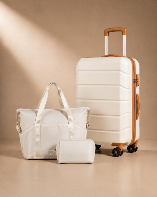 Criccieth 3 Piece Hard Shell Suitcase Set with Travel Bag in Beige