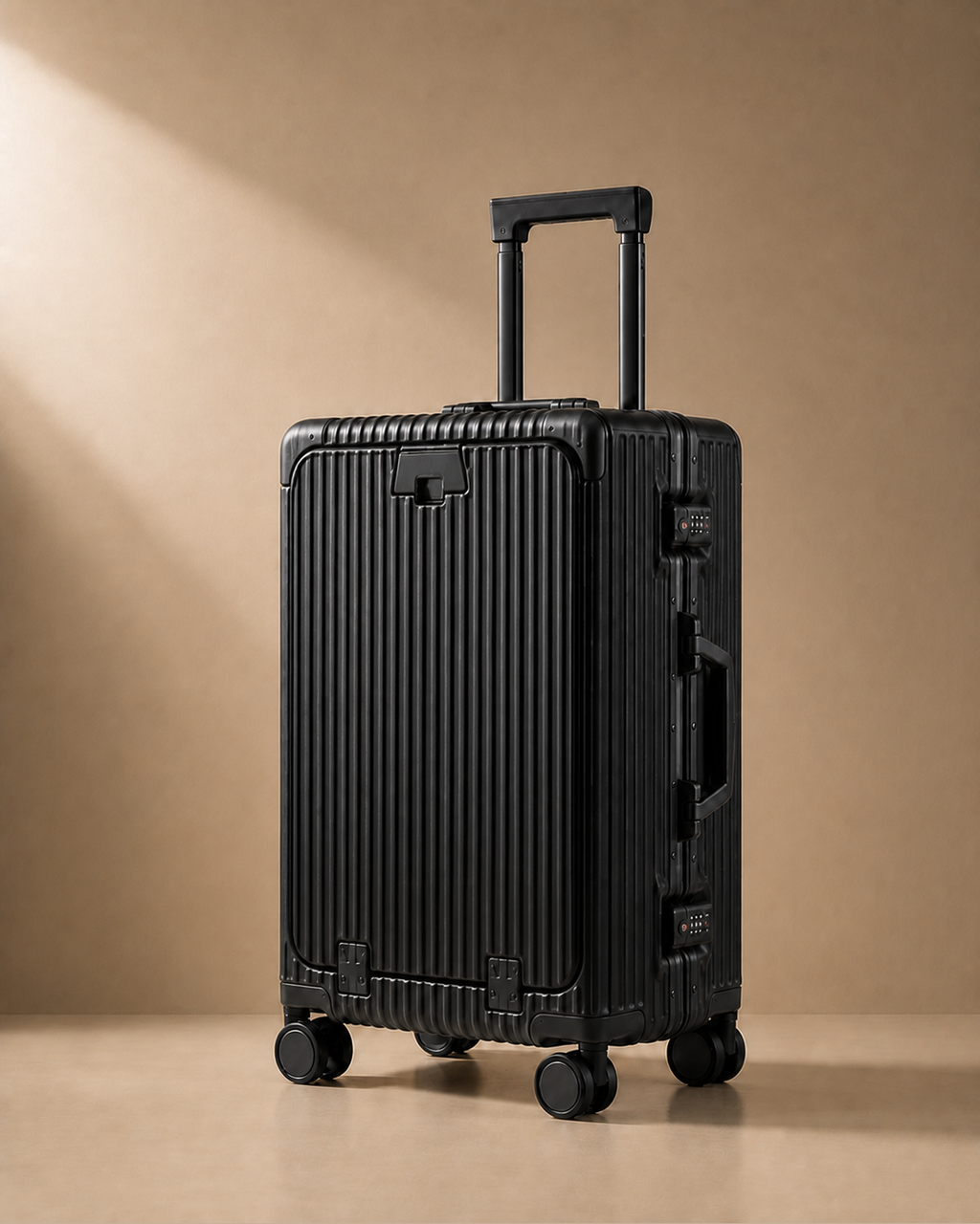 Porthcurno Aluminium Frame Front-Opening Cabin Suitcase with USB Port - 20-28 Inch in Black