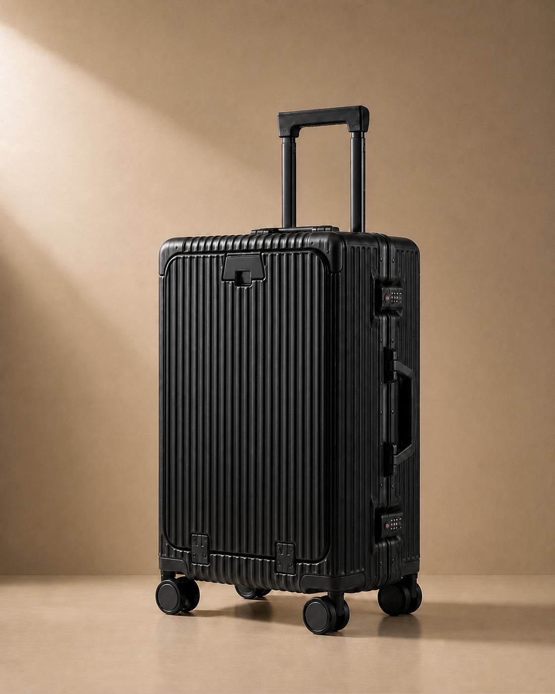 Porthcurno Aluminium Frame Front-Opening Cabin Suitcase with USB Port - 20-28 Inch in Black