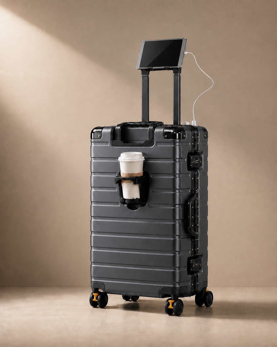 Bude Aluminium Frame Cabin Suitcase with Cup Holder - 20-28 Inch in Dark gray
