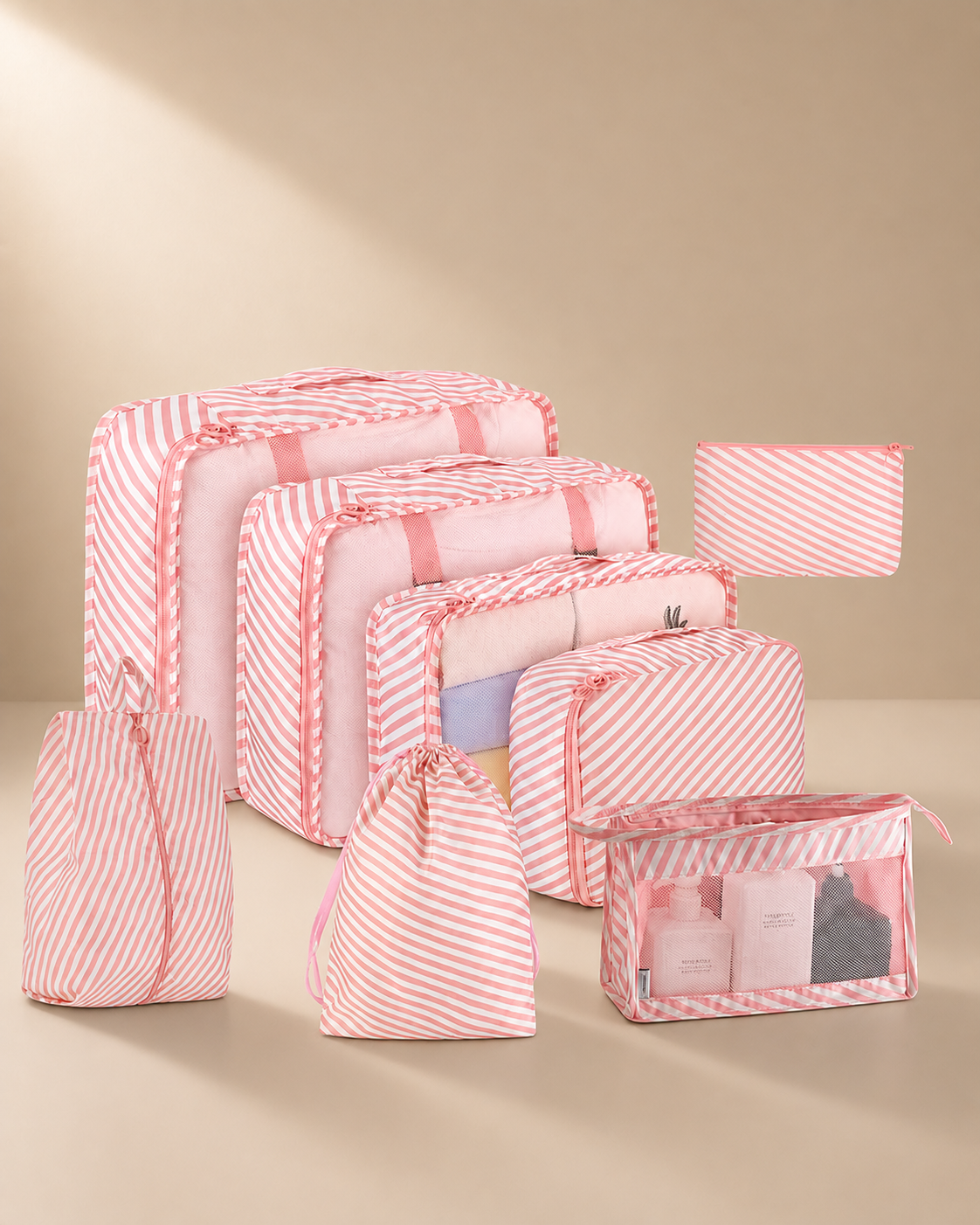 Edale Travel Packing Cubes in Striped Pink - 8 Pieces