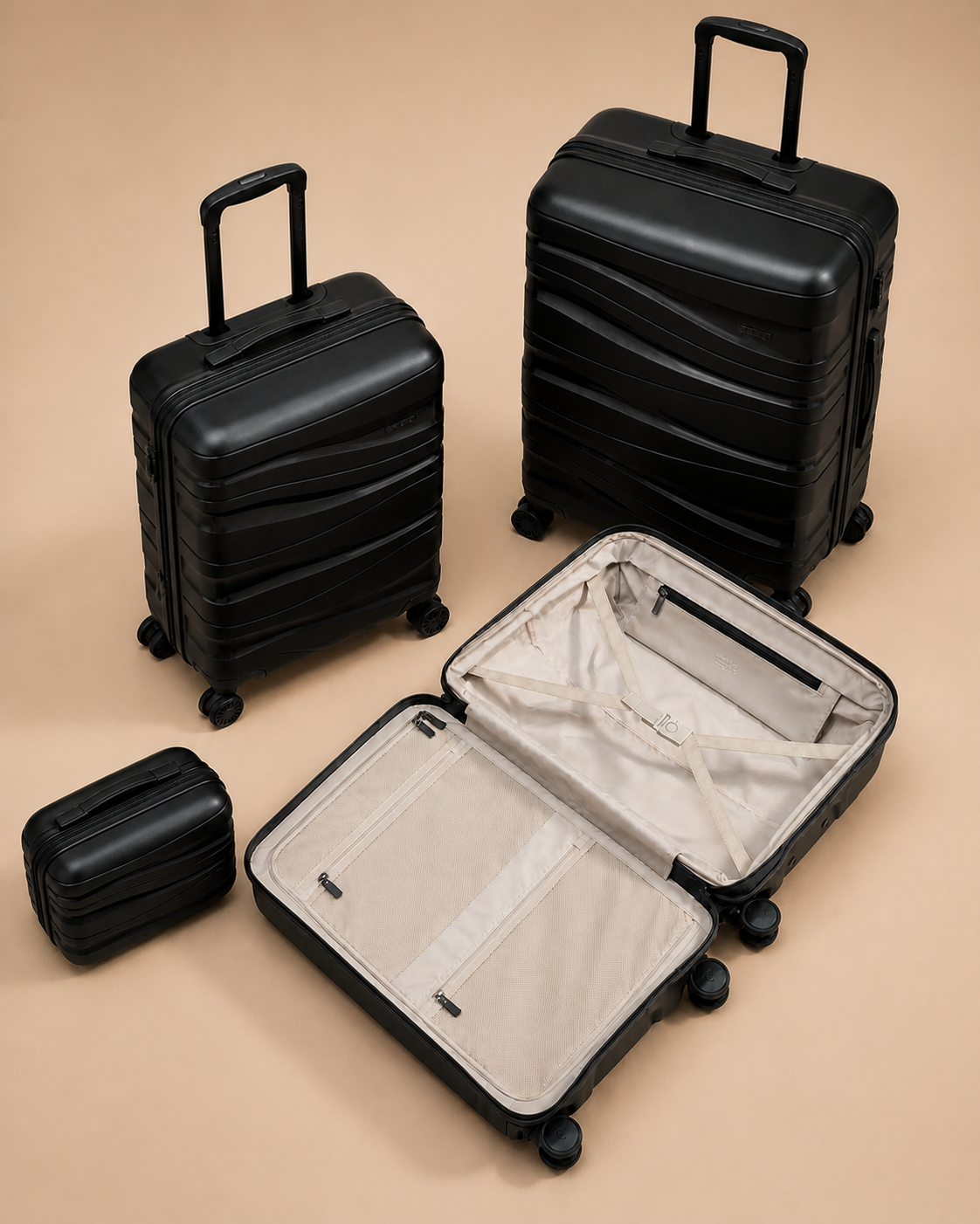 Manorbier 3 Piece Hard Shell Suitcase Set in Black, 14/20/28 Inch - open suitcase view