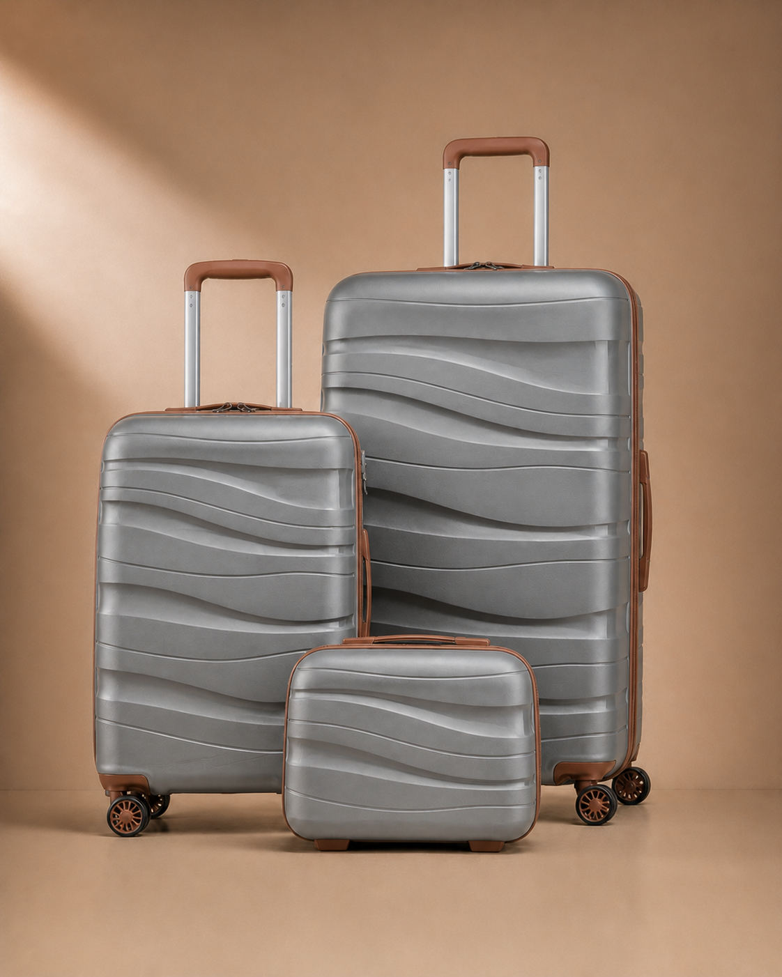 Manorbier 3 Piece Hard Shell Suitcase Set in Grey with brown accents, 14/20/28 Inch