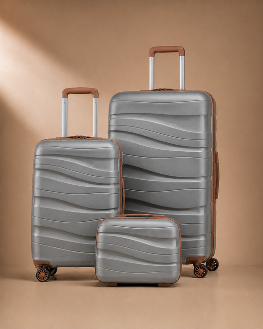 Manorbier 3 Piece Hard Shell Suitcase Set in Grey with brown accents, 14/20/28 Inch
