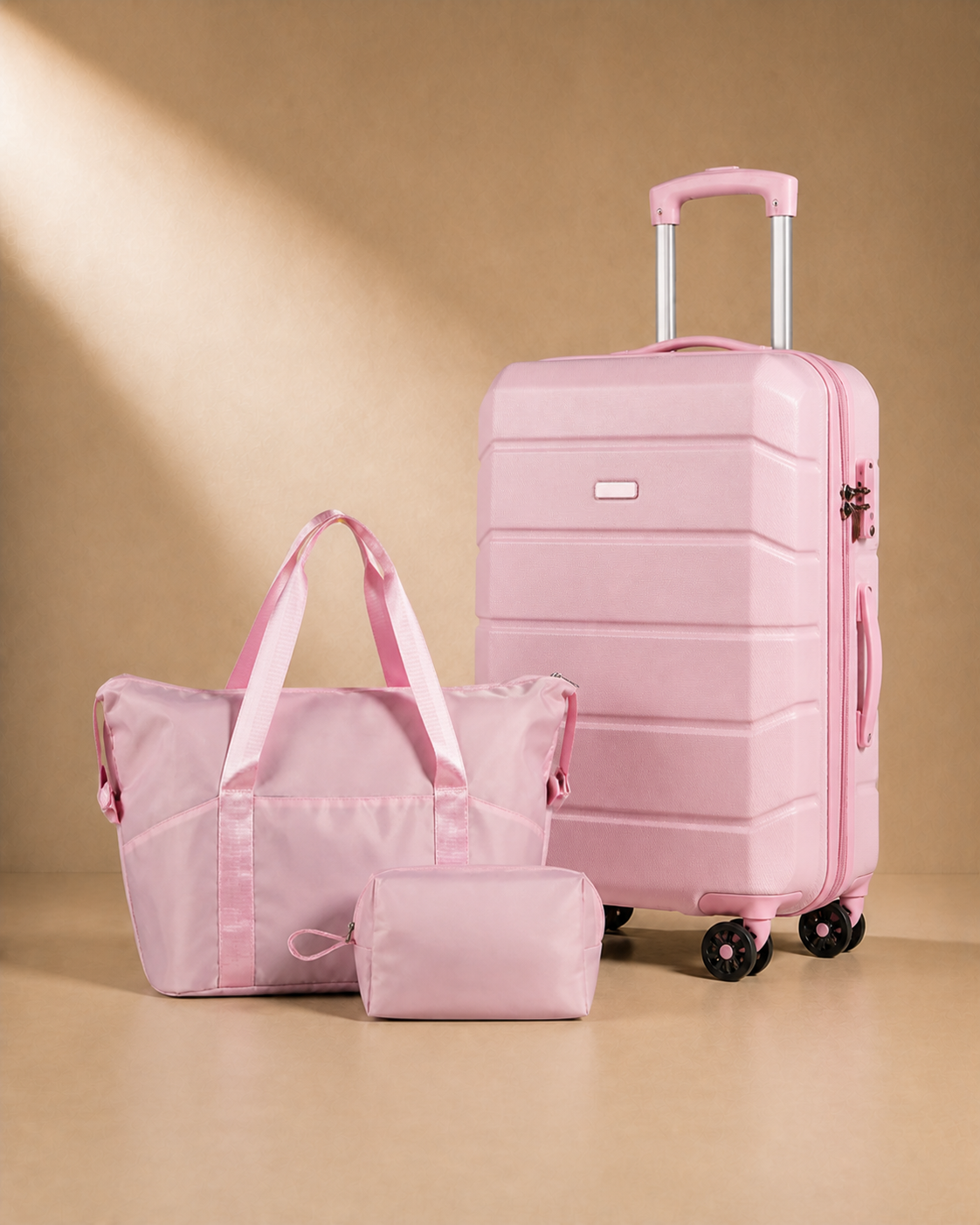 Criccieth 3 Piece Hard Shell Suitcase Set with Travel Bag in Pink