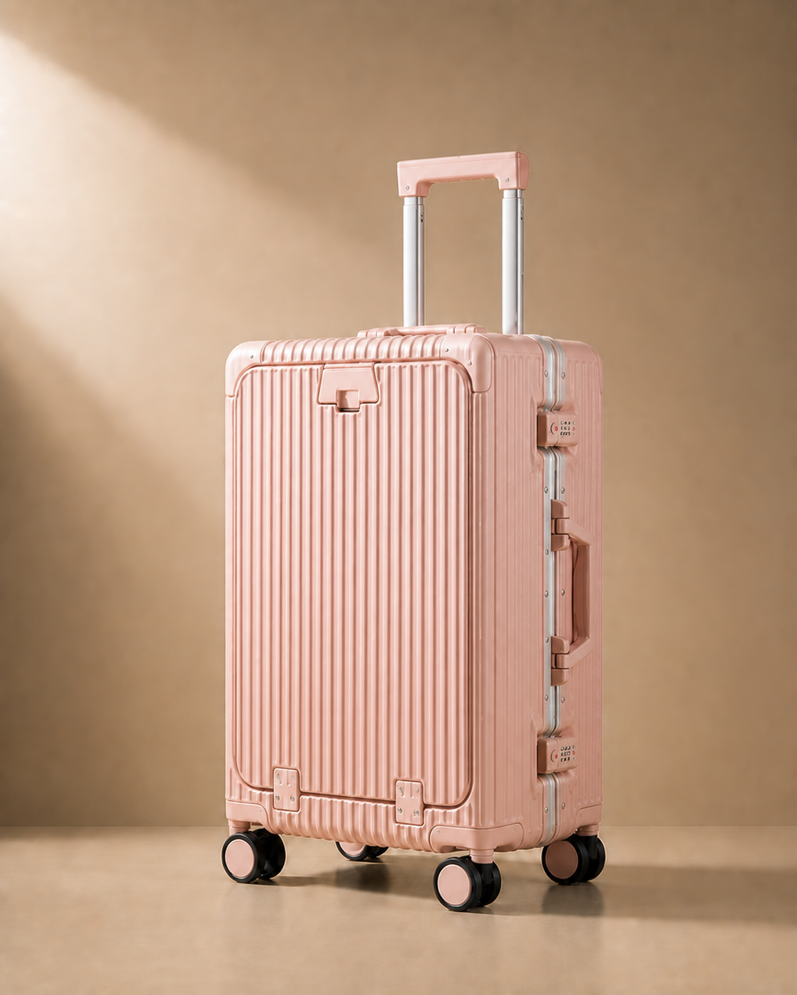 Porthcurno Aluminium Frame Front-Opening Cabin Suitcase with USB Port - 20-28 Inch in Pink