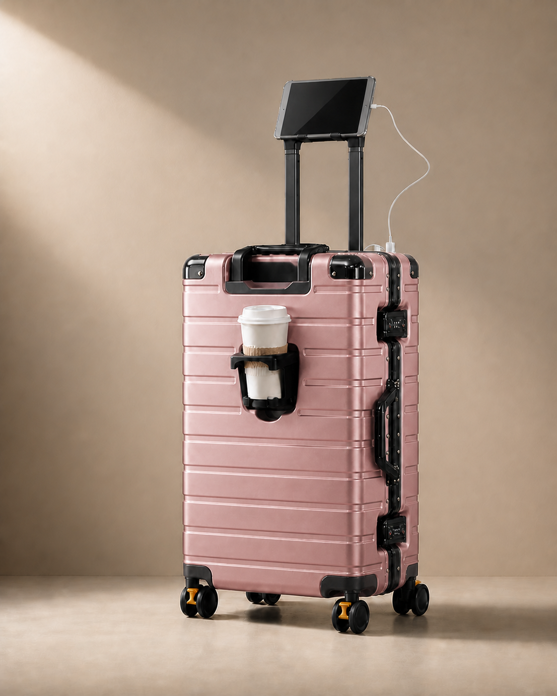 Bude Aluminium Frame Cabin Suitcase with Cup Holder - 20-28 Inch in Rose gold