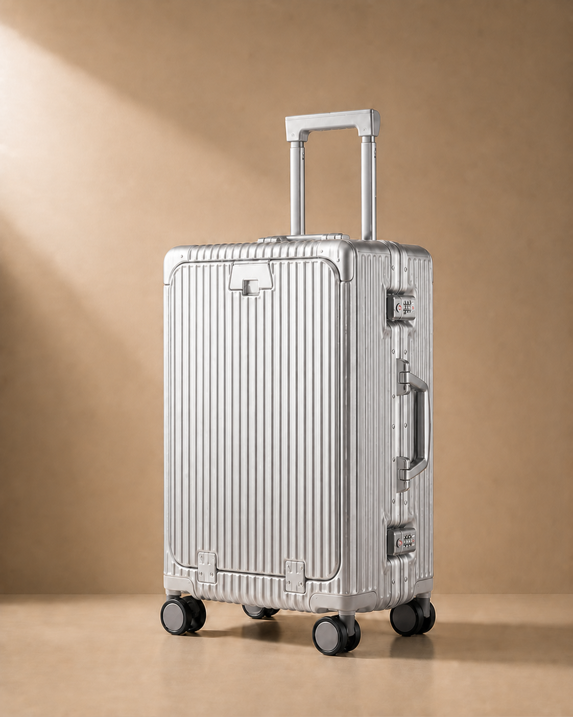 Porthcurno Aluminium Frame Front-Opening Cabin Suitcase with USB Port - 20-28 Inch in Silver