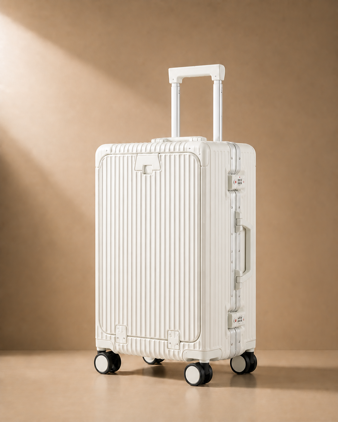 Porthcurno Aluminium Frame Front-Opening Cabin Suitcase with USB Port - 20-28 Inch in White