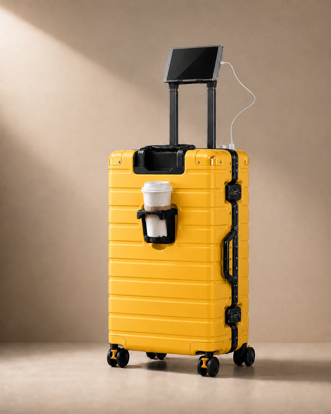 Bude Aluminium Frame Cabin Suitcase with Cup Holder - 20-28 Inch in Yellow