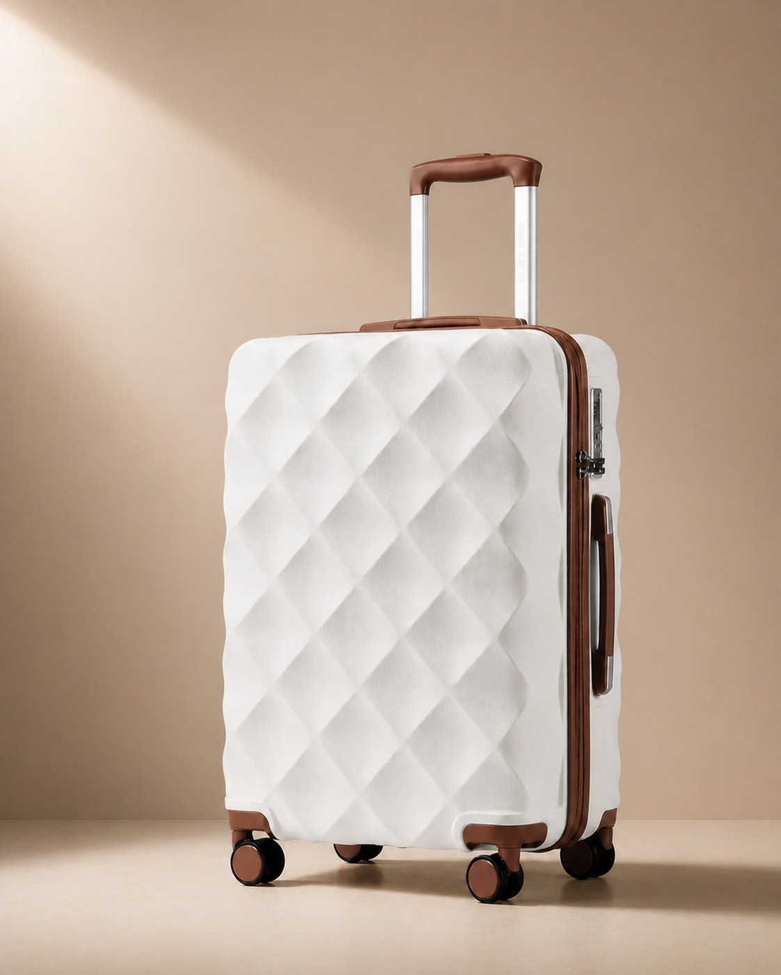 Applecross 3 Piece Hard Shell Suitcase Set with Travel Bag in Cream White - premium studio product photo