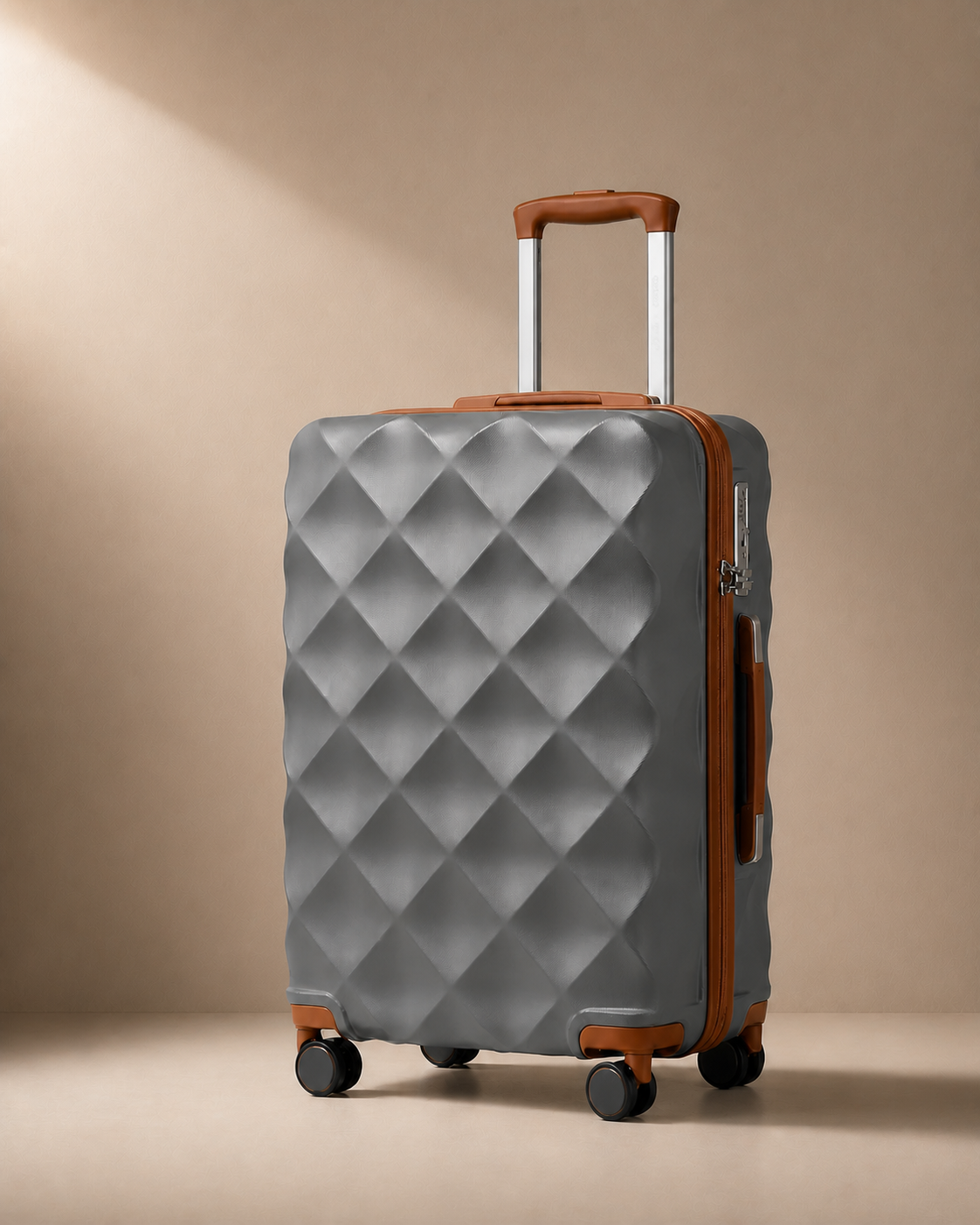 Applecross 3 Piece Hard Shell Suitcase Set with Travel Bag in Grey-Brown - premium studio product photo