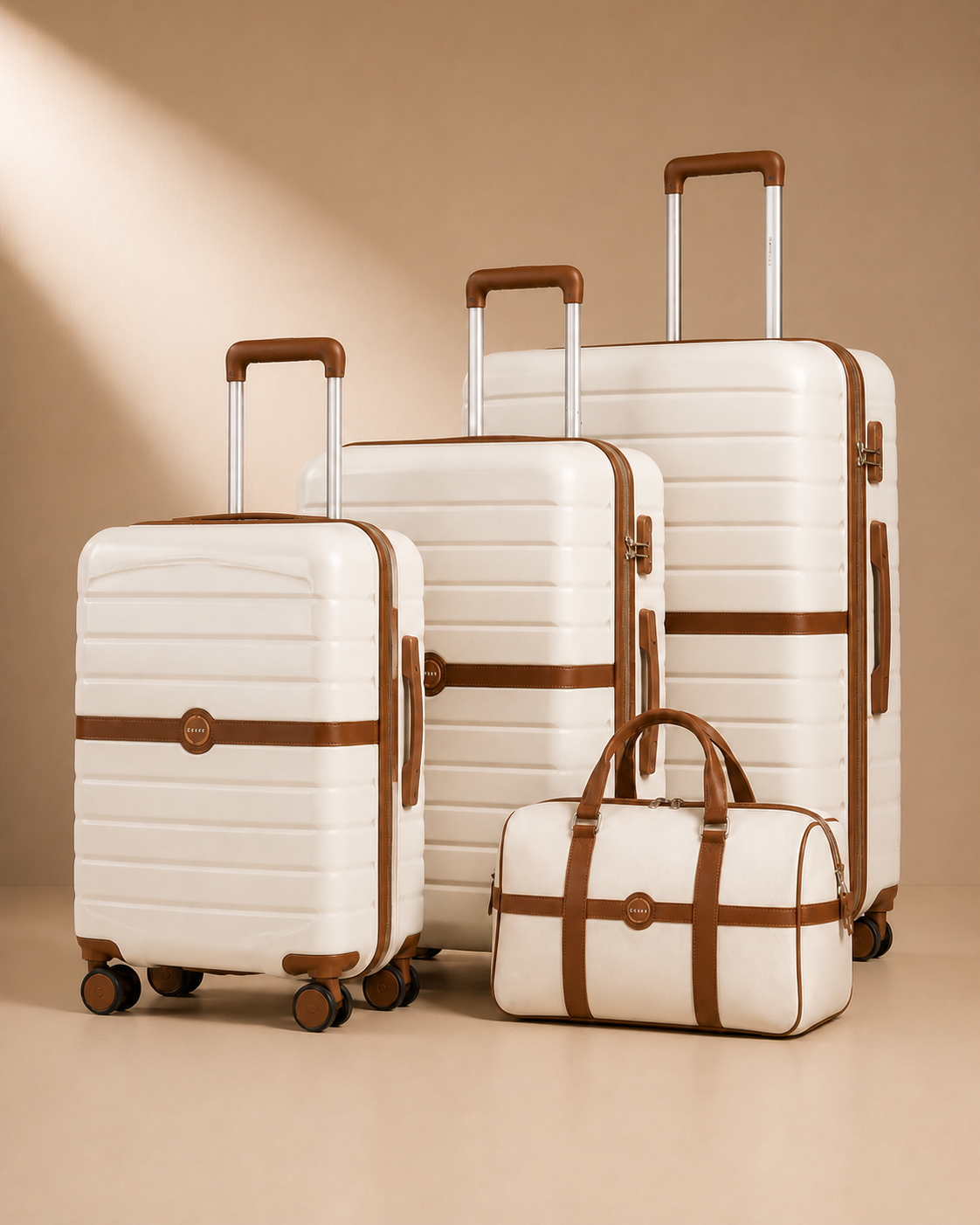 Beige Crail 3 Piece Hard Shell Suitcase Set with Travel Bag - clean studio product photo