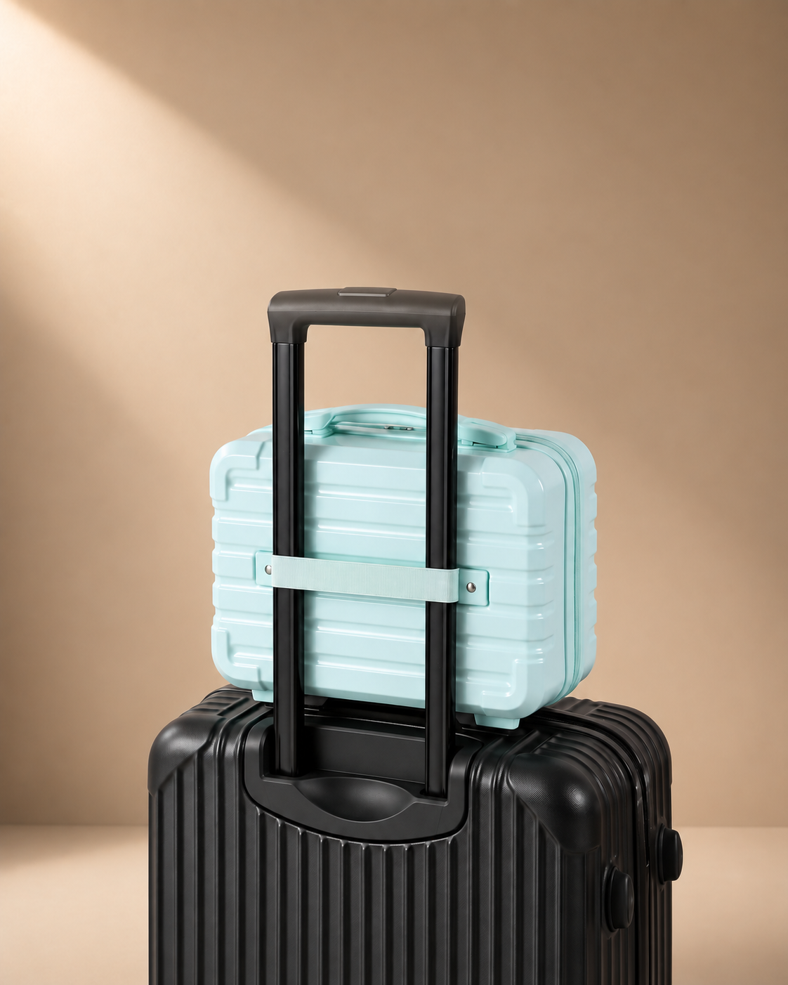 Blue mini suitcase cosmetic bag attached to a suitcase trolley handle with rear travel sleeve