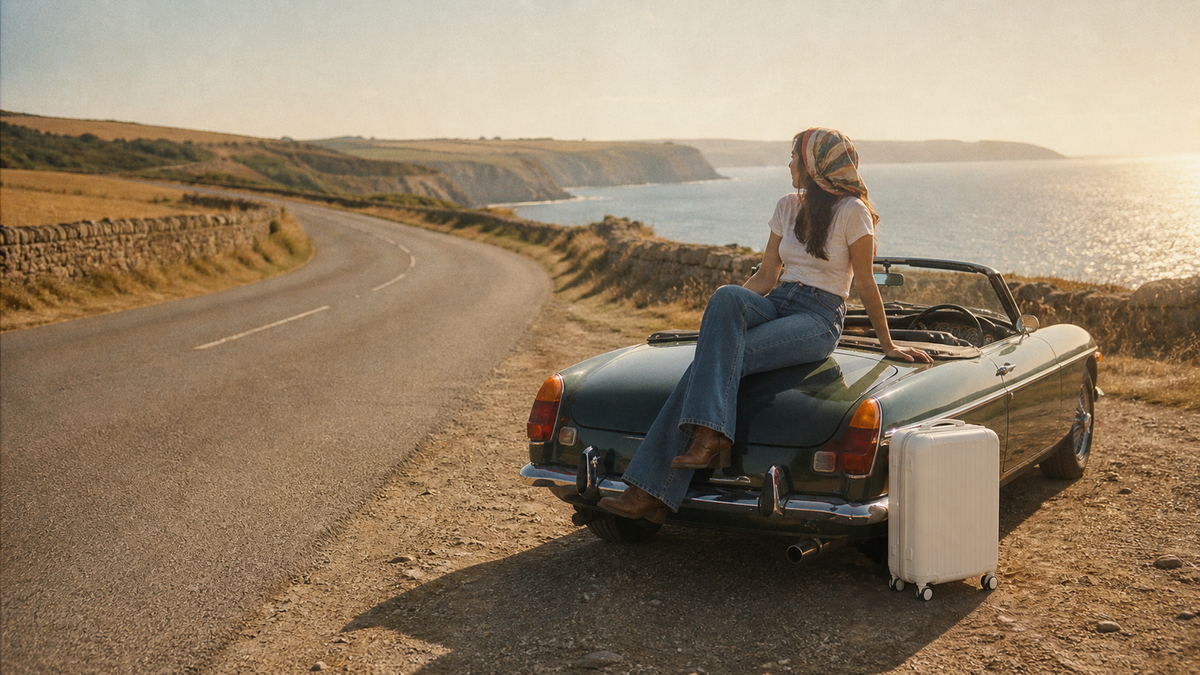Woman on a classic car by the coast with a white cabin suitcase