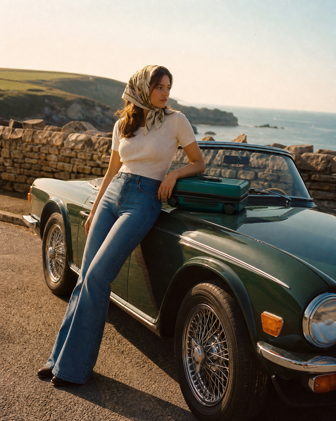 Woman leaning on a green cabin case on a classic car wing