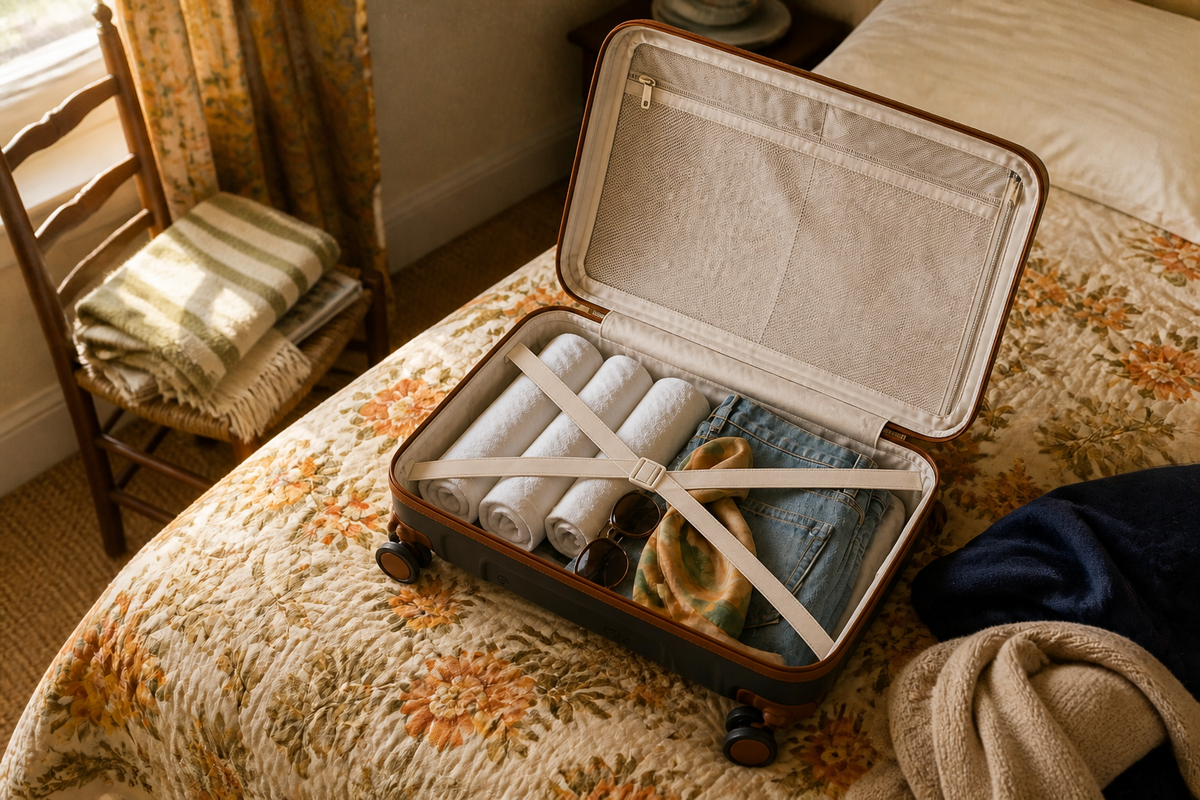 Open cabin suitcase neatly packed on a cottage bed