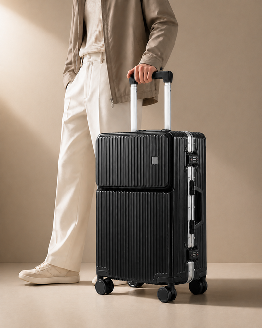 Downderry Front-Opening Cabin Suitcase with Cup Holder - lifestyle studio product photo