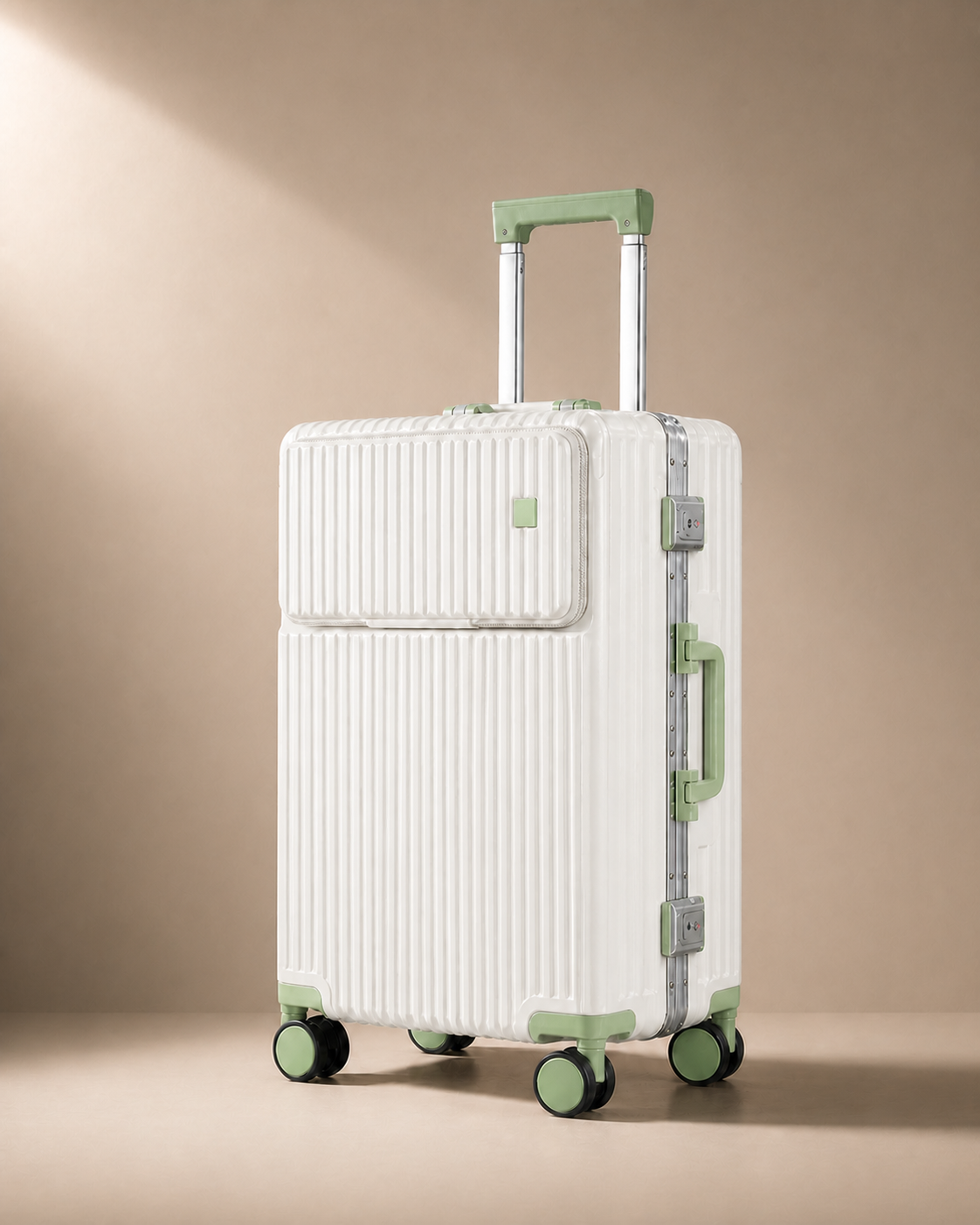 Downderry Front-Opening Cabin Suitcase with Cup Holder in Aluminum White and Green - premium studio product photo