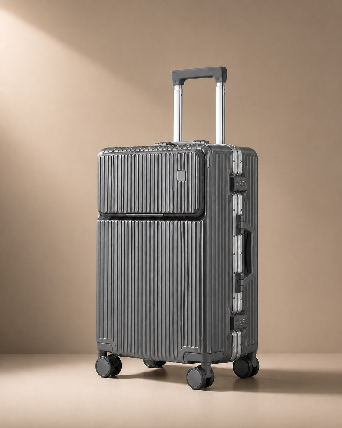 Downderry Front-Opening Cabin Suitcase with Cup Holder in Aluminum Gray - premium studio product photo