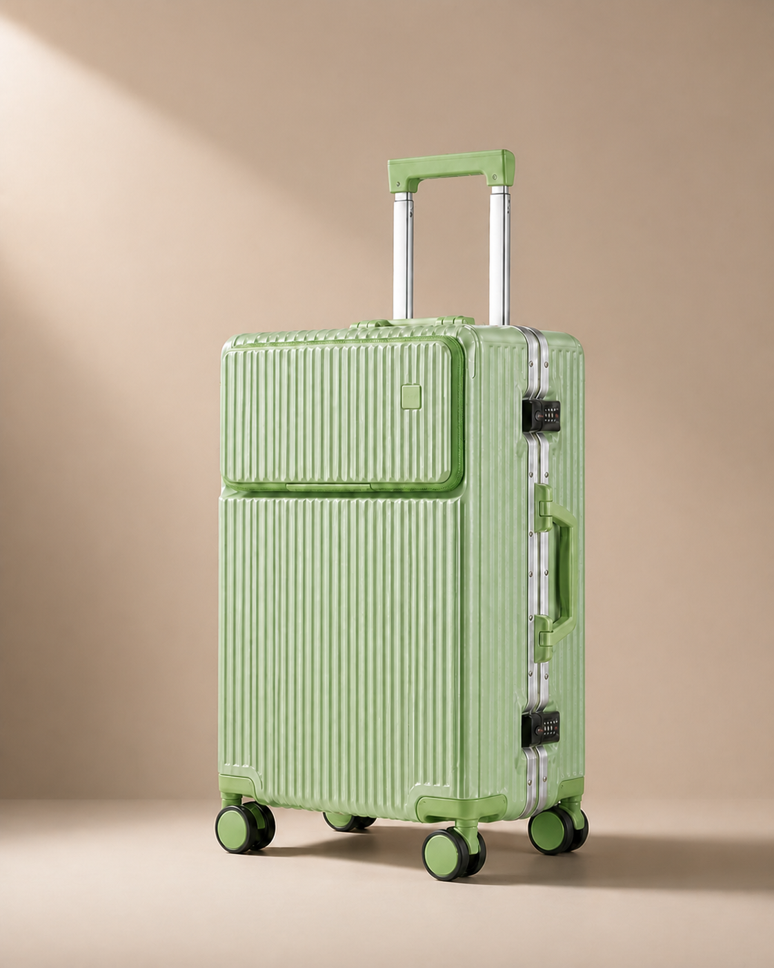 Downderry Front-Opening Cabin Suitcase with Cup Holder in Green - premium studio product photo