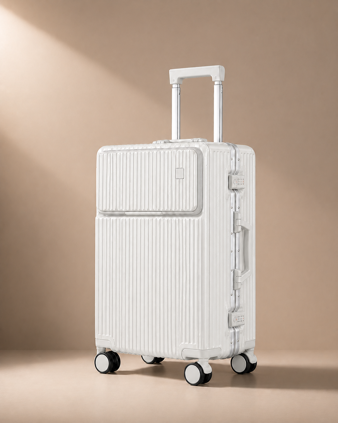 Downderry Front-Opening Cabin Suitcase with Cup Holder in White - premium studio product photo