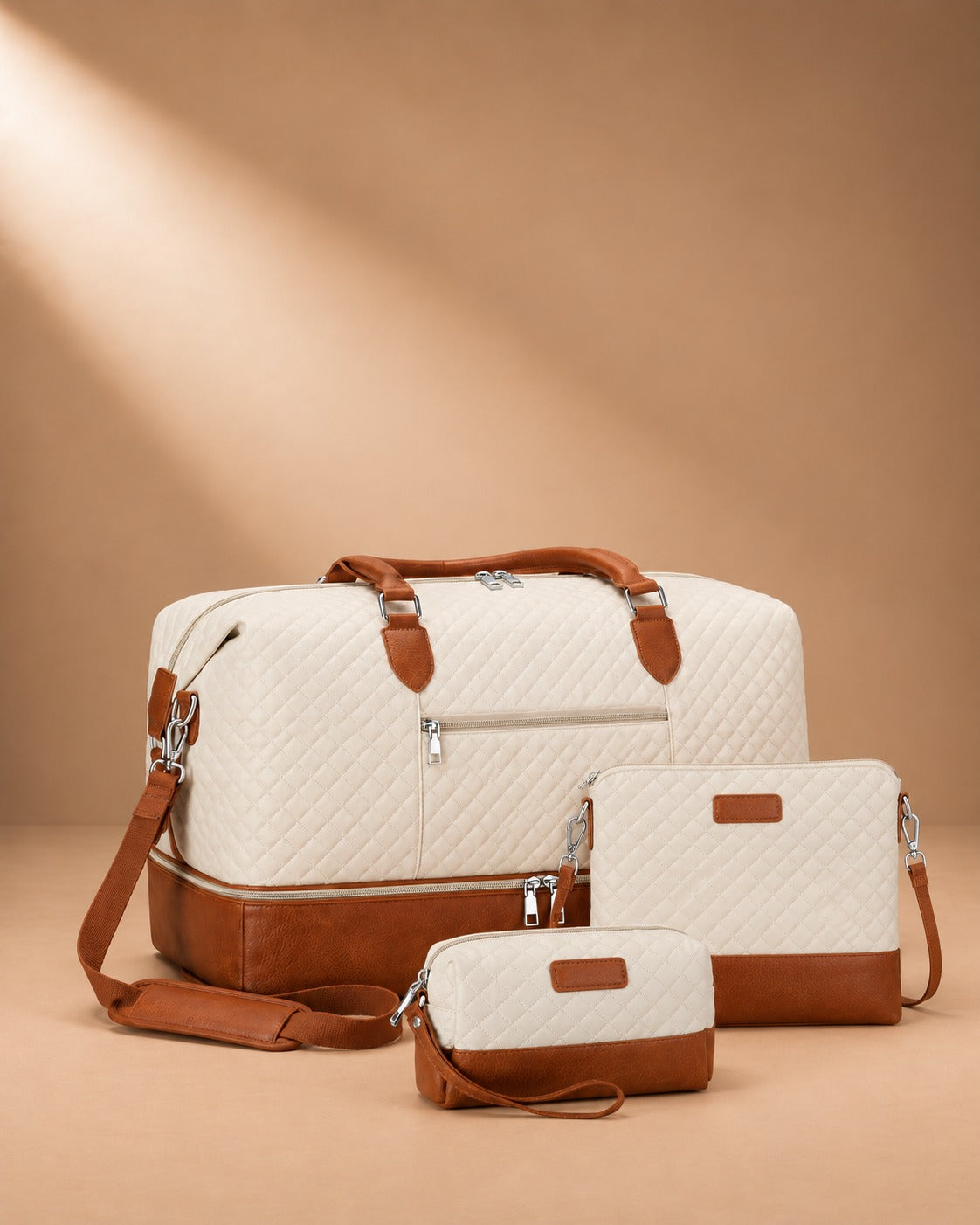 Buckden 3 Piece Quilted Weekender Set - khaki