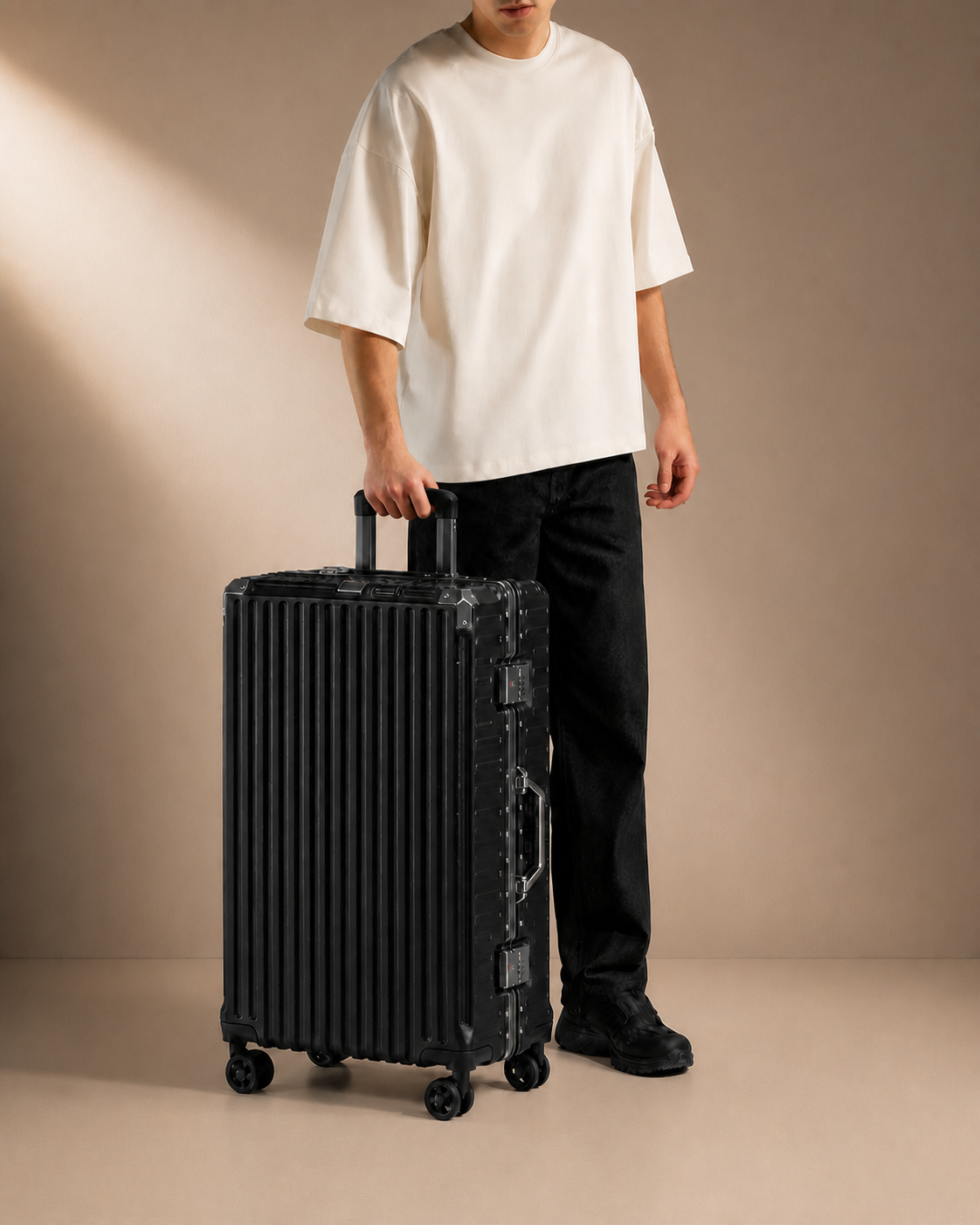 Black ribbed cabin suitcase carried by model in a premium studio travel scene