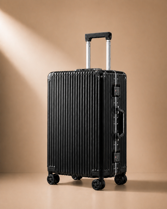 Black ribbed cabin suitcase with side locks on a warm studio background