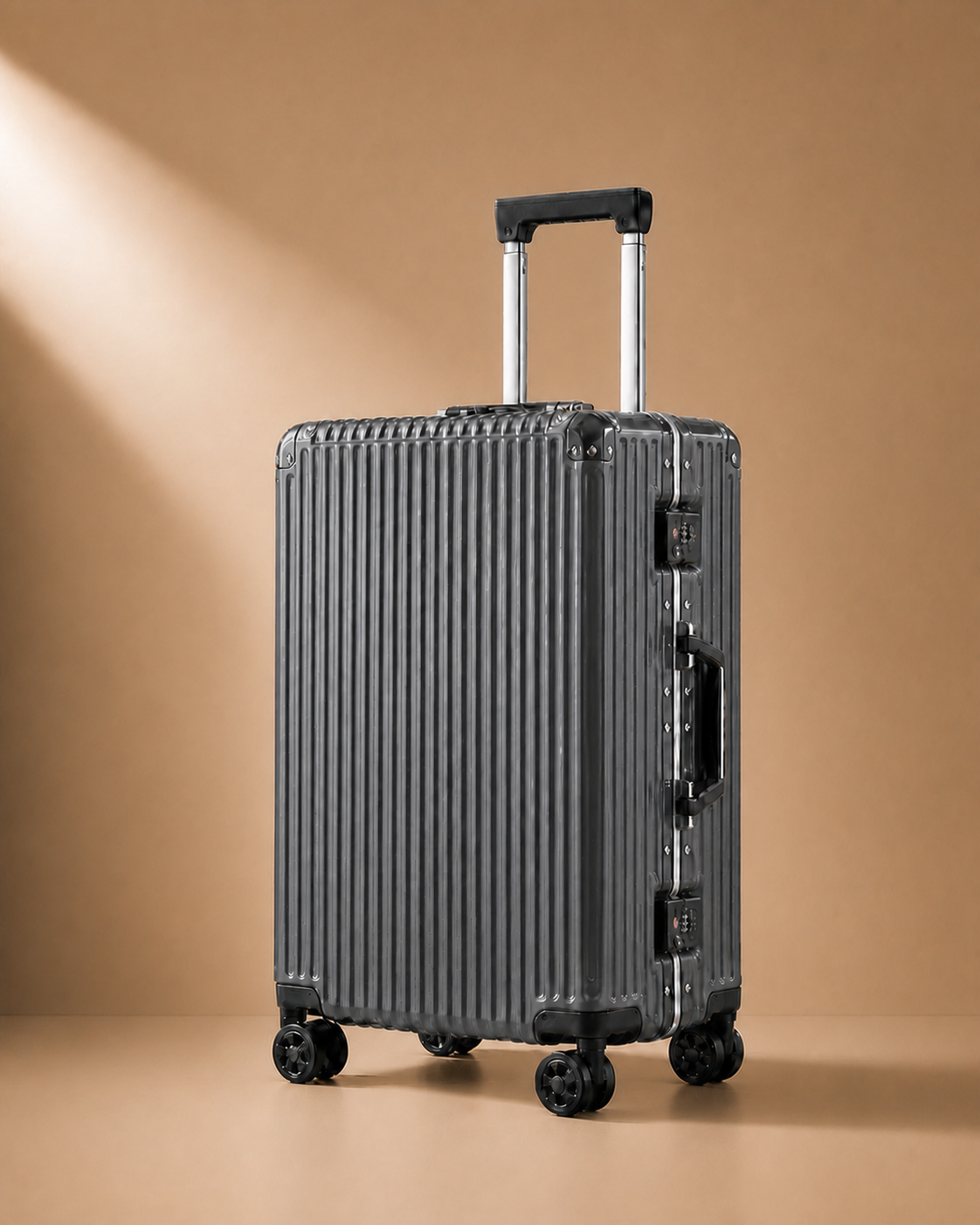 Dark gray ribbed cabin suitcase with side locks on a warm studio background