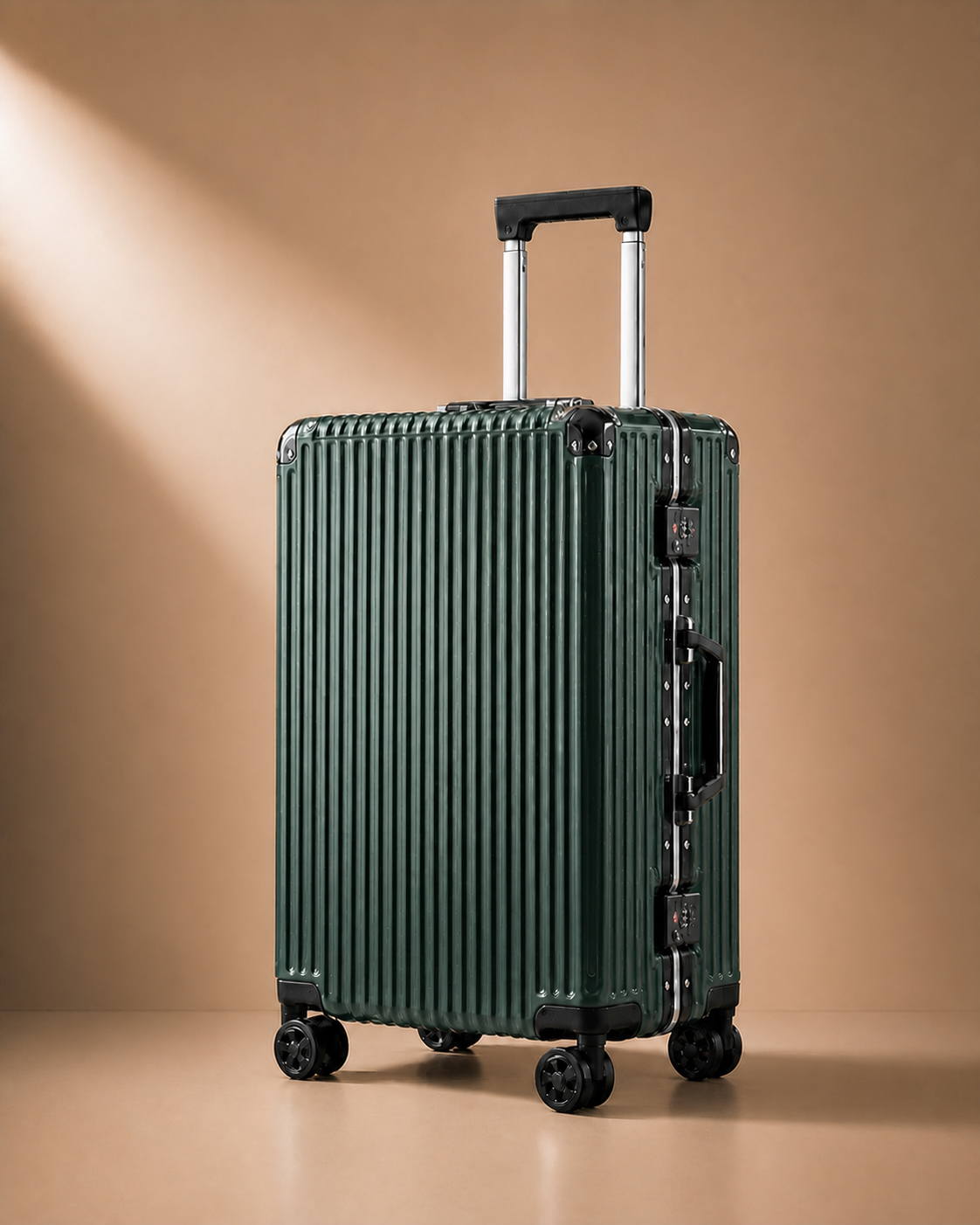 Dark green ribbed cabin suitcase with side locks on a warm studio background