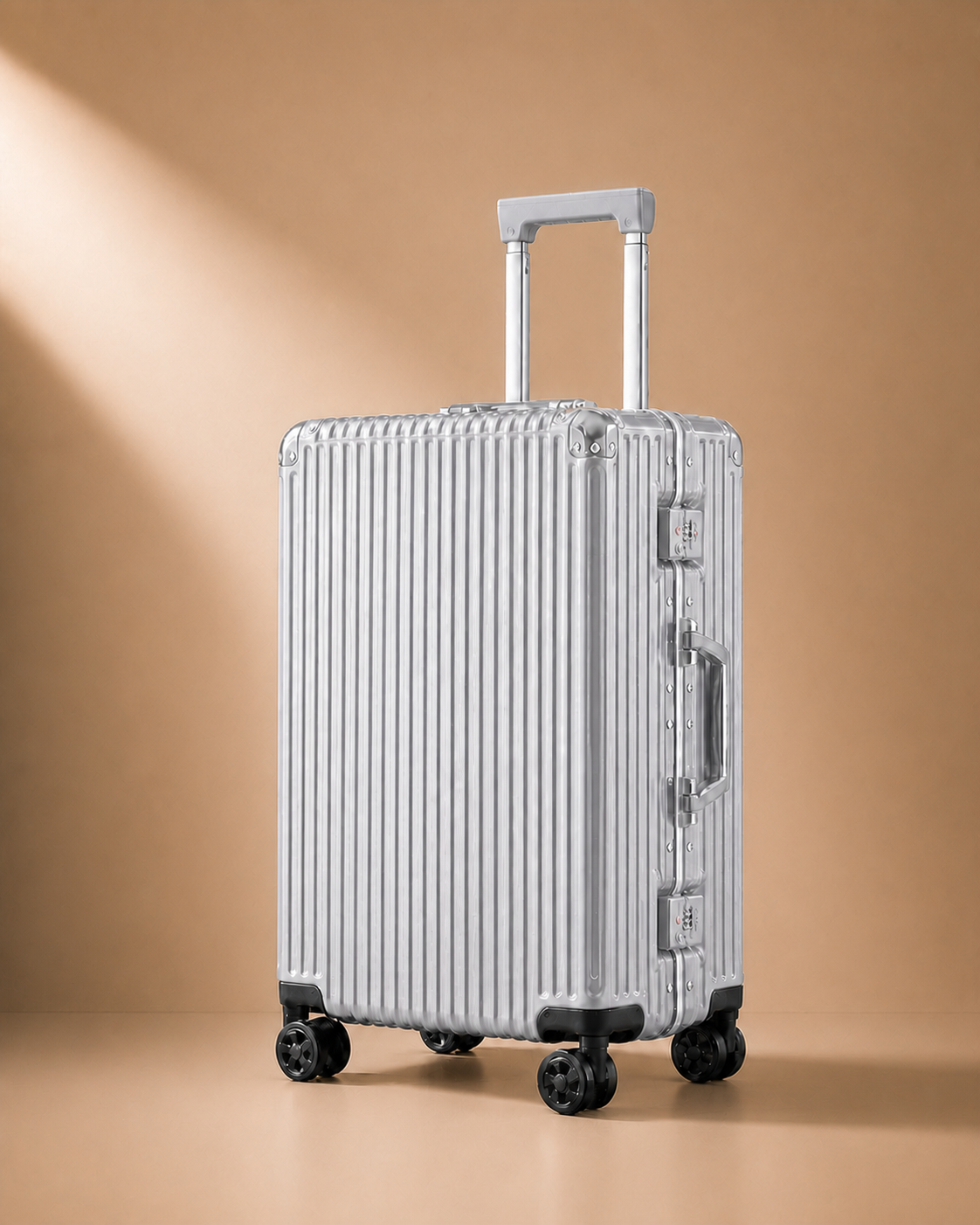 Light grey ribbed cabin suitcase with side locks on a warm studio background